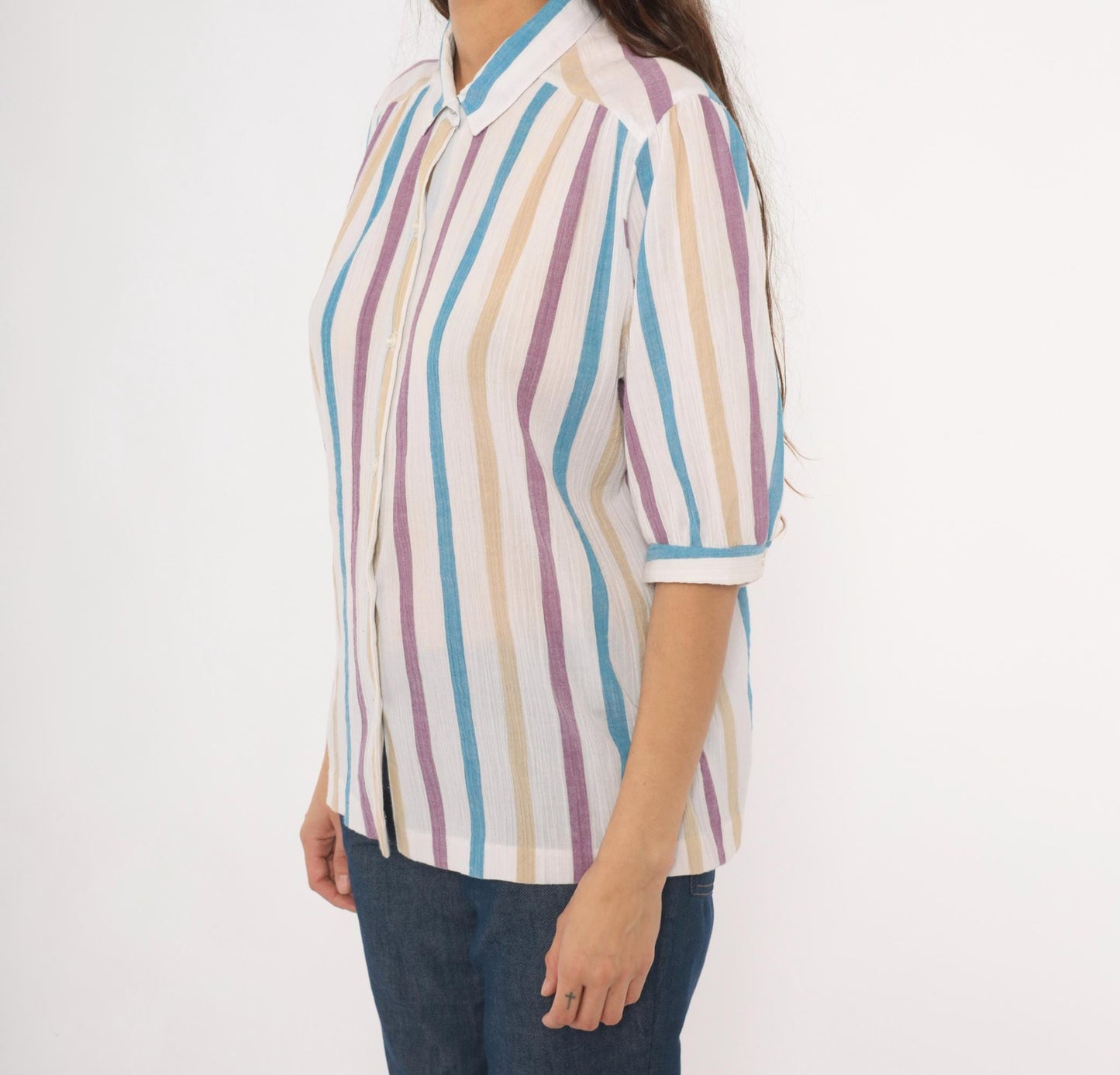 80s Koret Vertical Stripe Button Front Blouse Cream Purple Blue Tan Extra Large XL