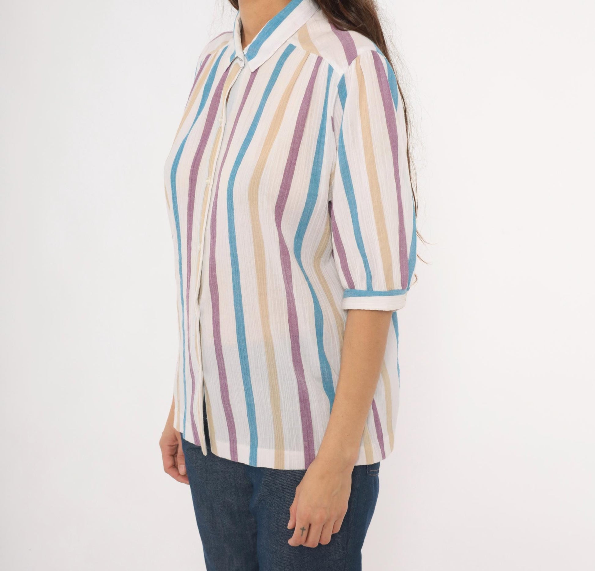 80s Koret Vertical Stripe Button Front Blouse Cream Purple Blue Tan Extra Large XL