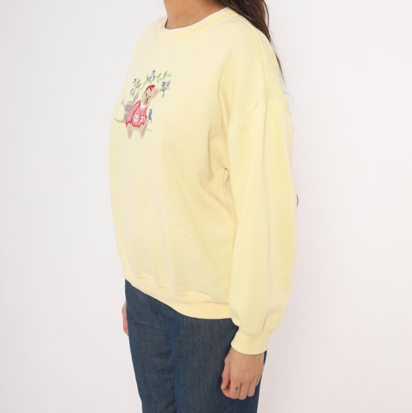 90s Classic Elements Teddy Bear Embroidered Sweatshirt Butter Yellow Crewneck Large L