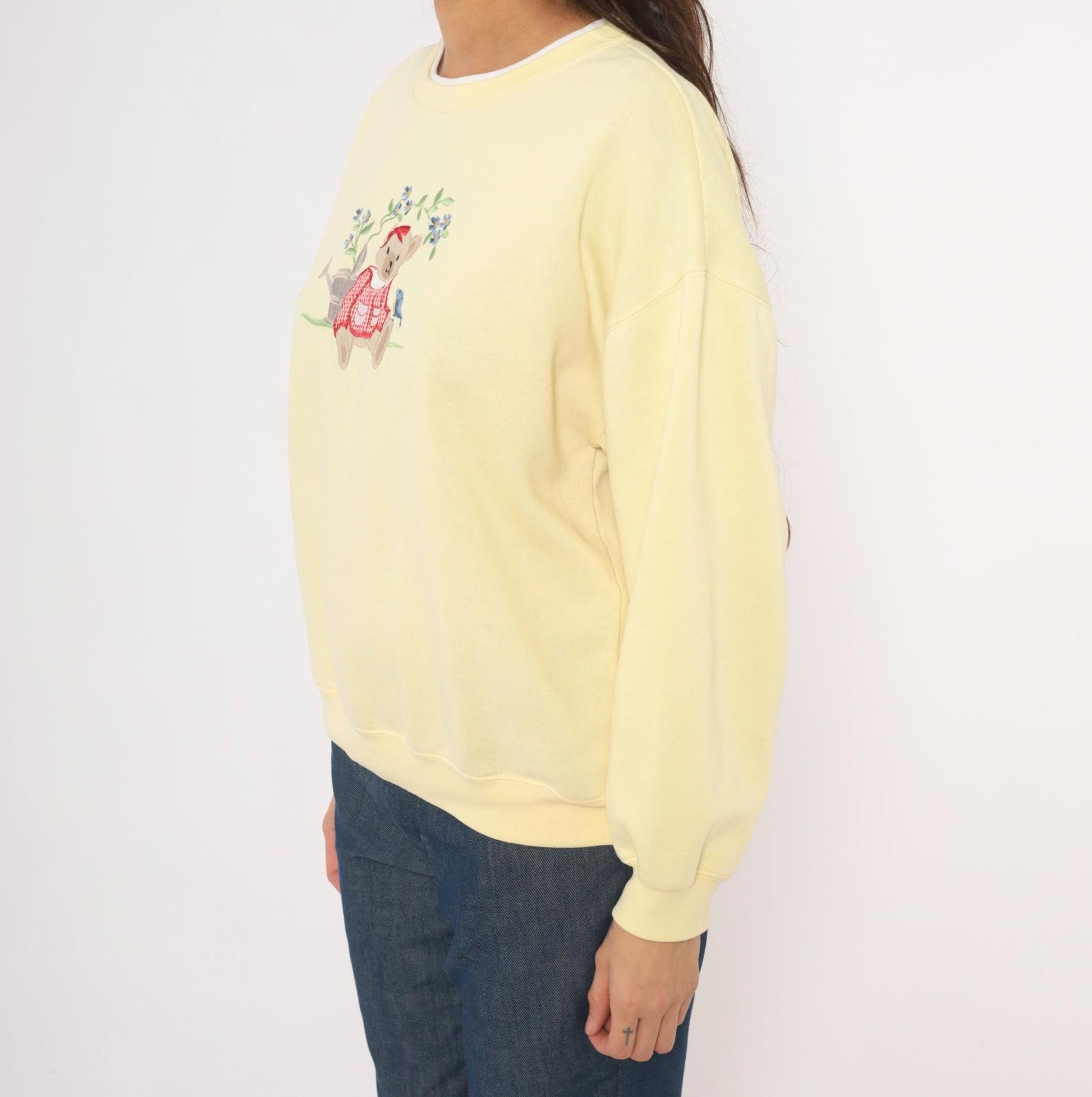 90s Classic Elements Teddy Bear Embroidered Sweatshirt Butter Yellow Crewneck Large L