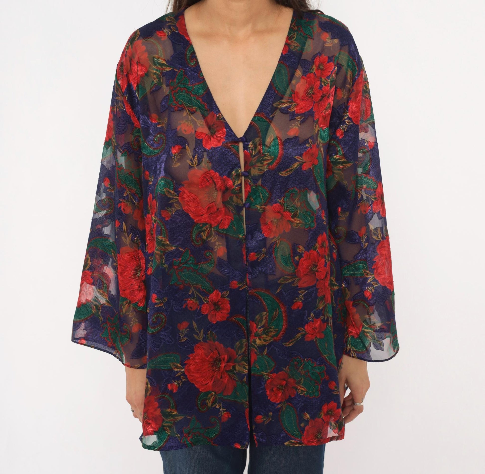 90s Victoria's Secret Sheer Kimono Robe Navy Floral Rose Print Small
