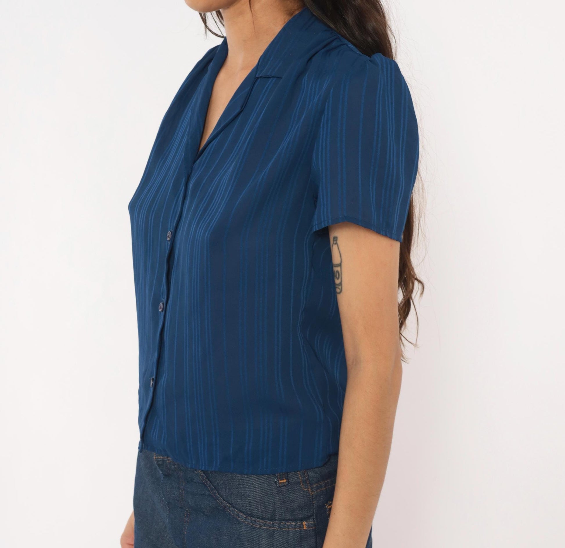 80s Shana Navy Striped Button Blouse Puff Shoulder V Neck Small