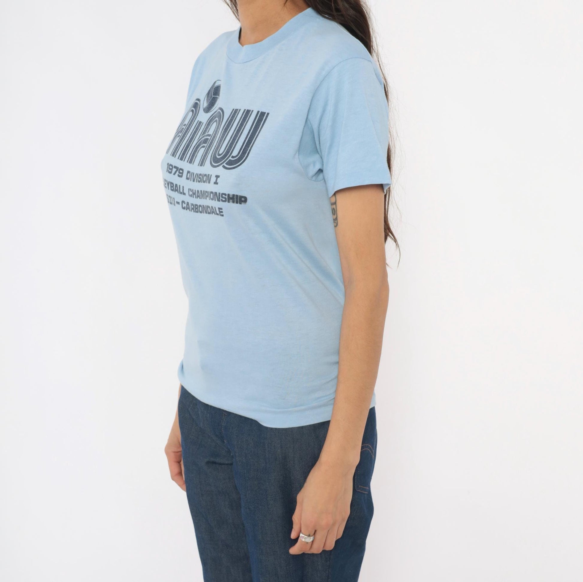 70s SIU Carbondale Volleyball Championship Graphic Tee Light Blue Small
