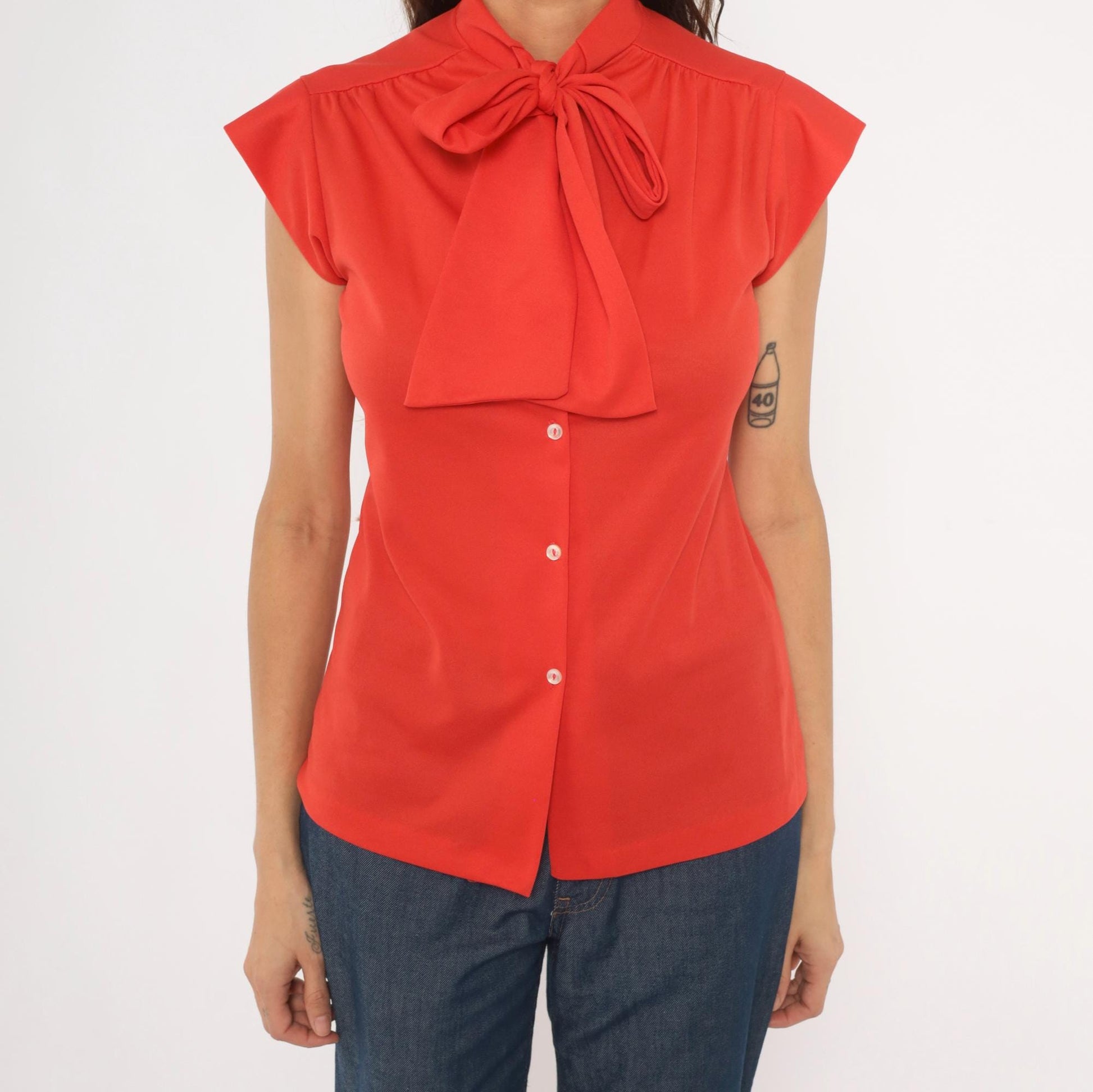 70s Red Bow Neck Blouse Cap Sleeve Button Front Polyester Small S