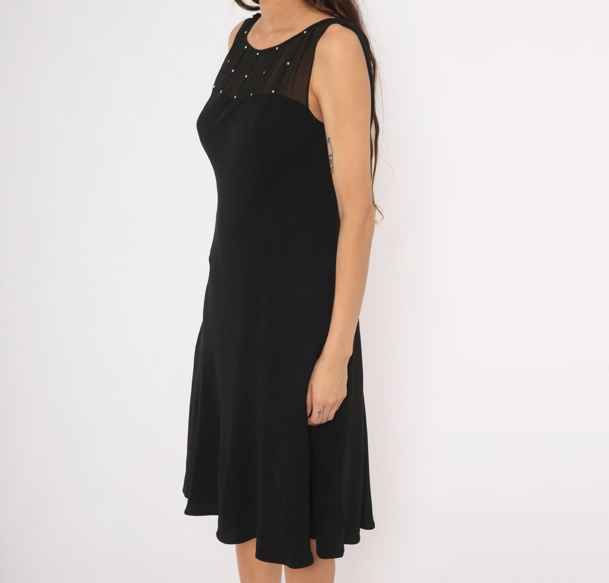 90s Evan-Picone Black Rhinestone Mesh Yoke Knee-Length Dress Medium M