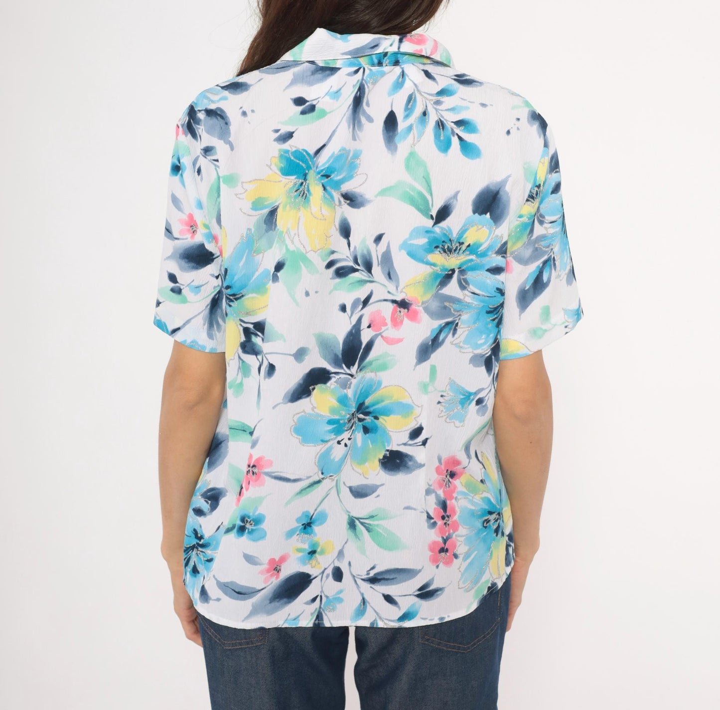 90s Alfred Dunner Watercolor Floral Camp Collar Blouse Blue Pink Yellow Extra Large XL