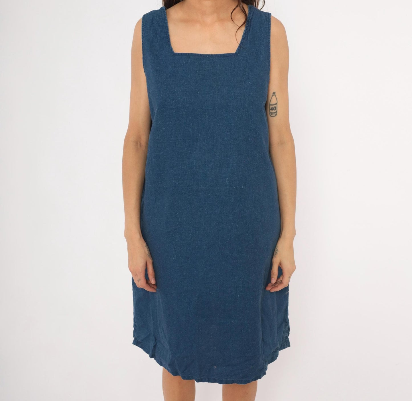 90s Portraits Navy Denim Shift Dress Square Neck Knee-Length Cotton Extra Large XL