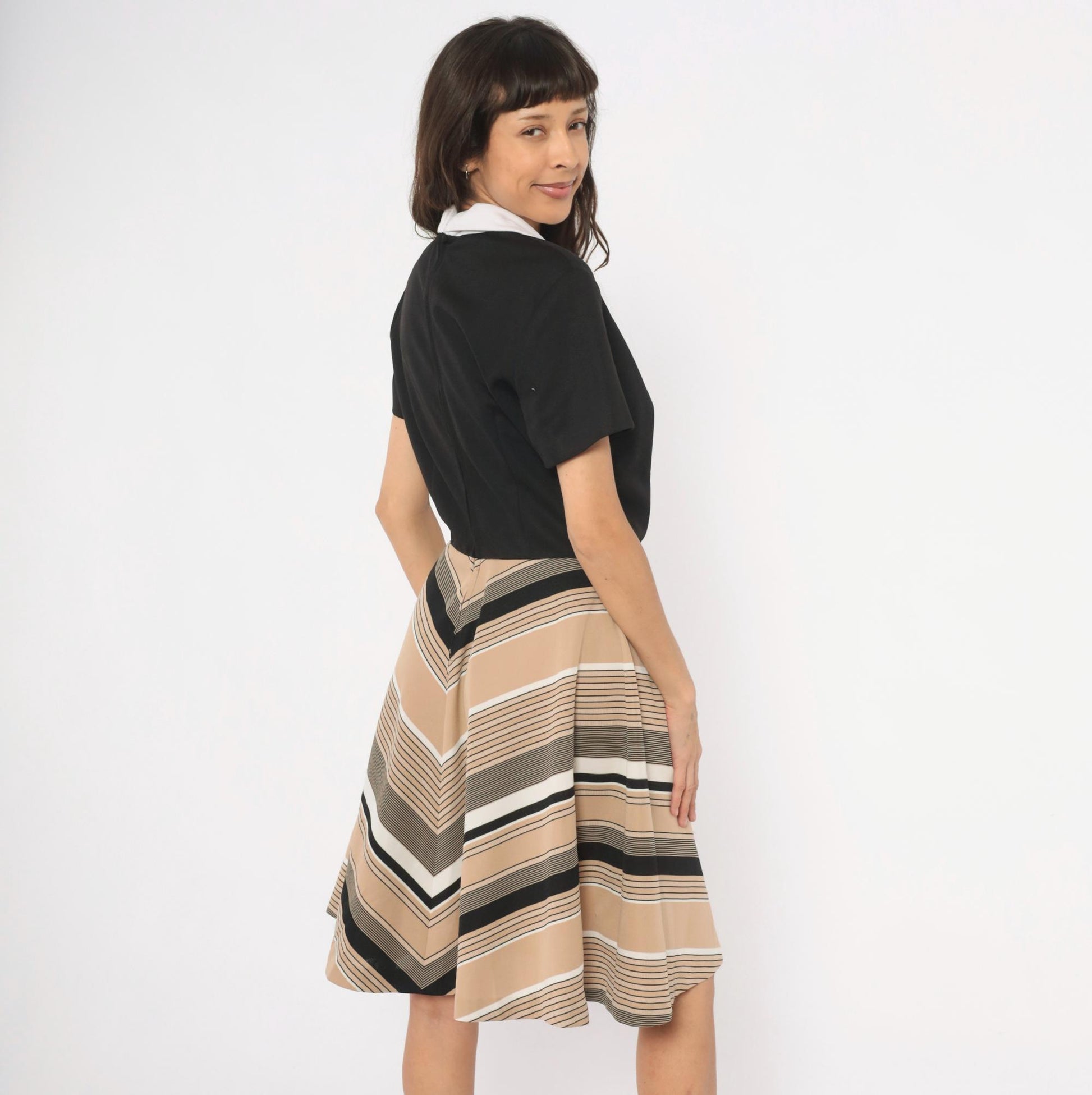 70s Lampl Chevron Stripe Polo Dress Black Tan Knee-Length Flared Large L