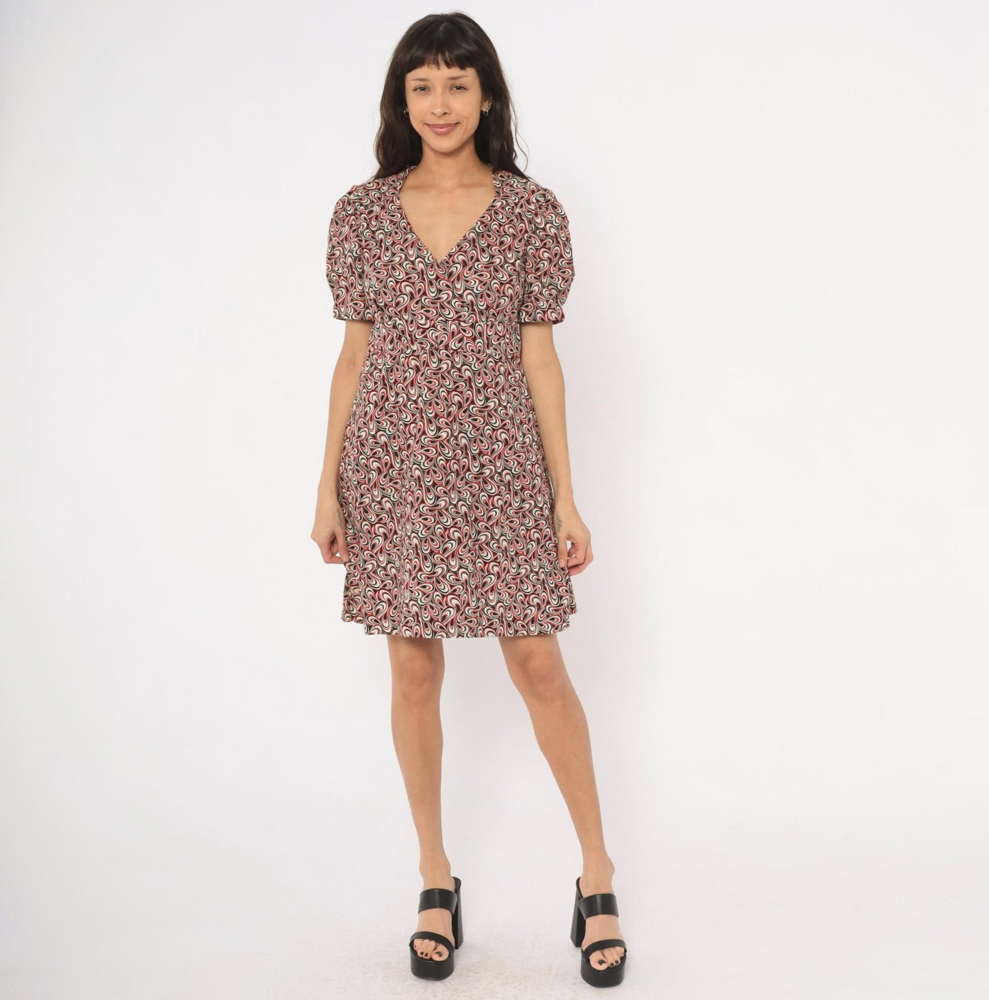 90s Psychedelic Swirl V-Neck Puff Sleeve Dress Red Black White Cotton Large L