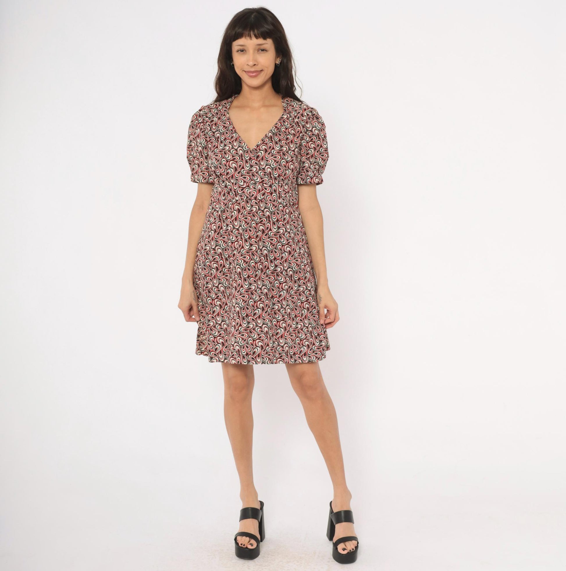 90s Psychedelic Swirl V-Neck Puff Sleeve Dress Red Black White Cotton Large L