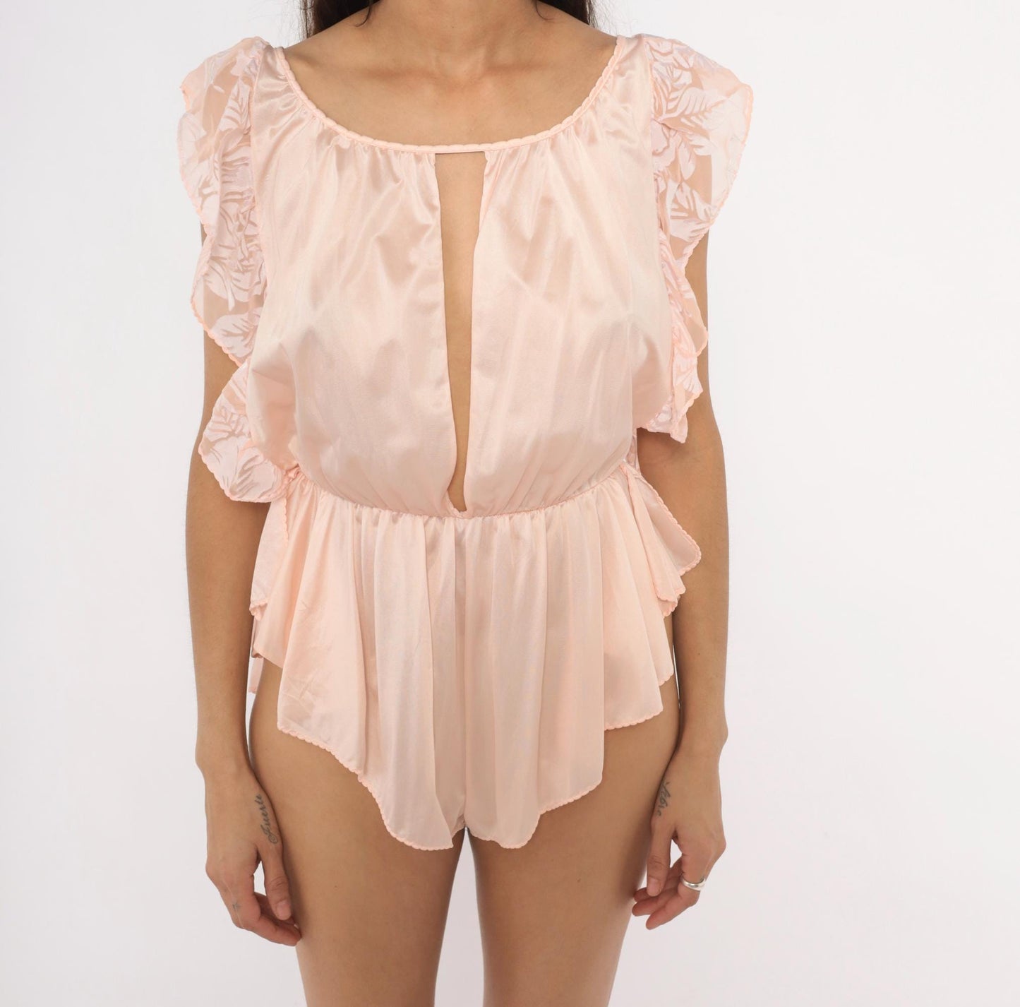 70s Blush Pink Nylon Romper Circa 2000 Flutter Sleeve Keyhole Teddy Medium M