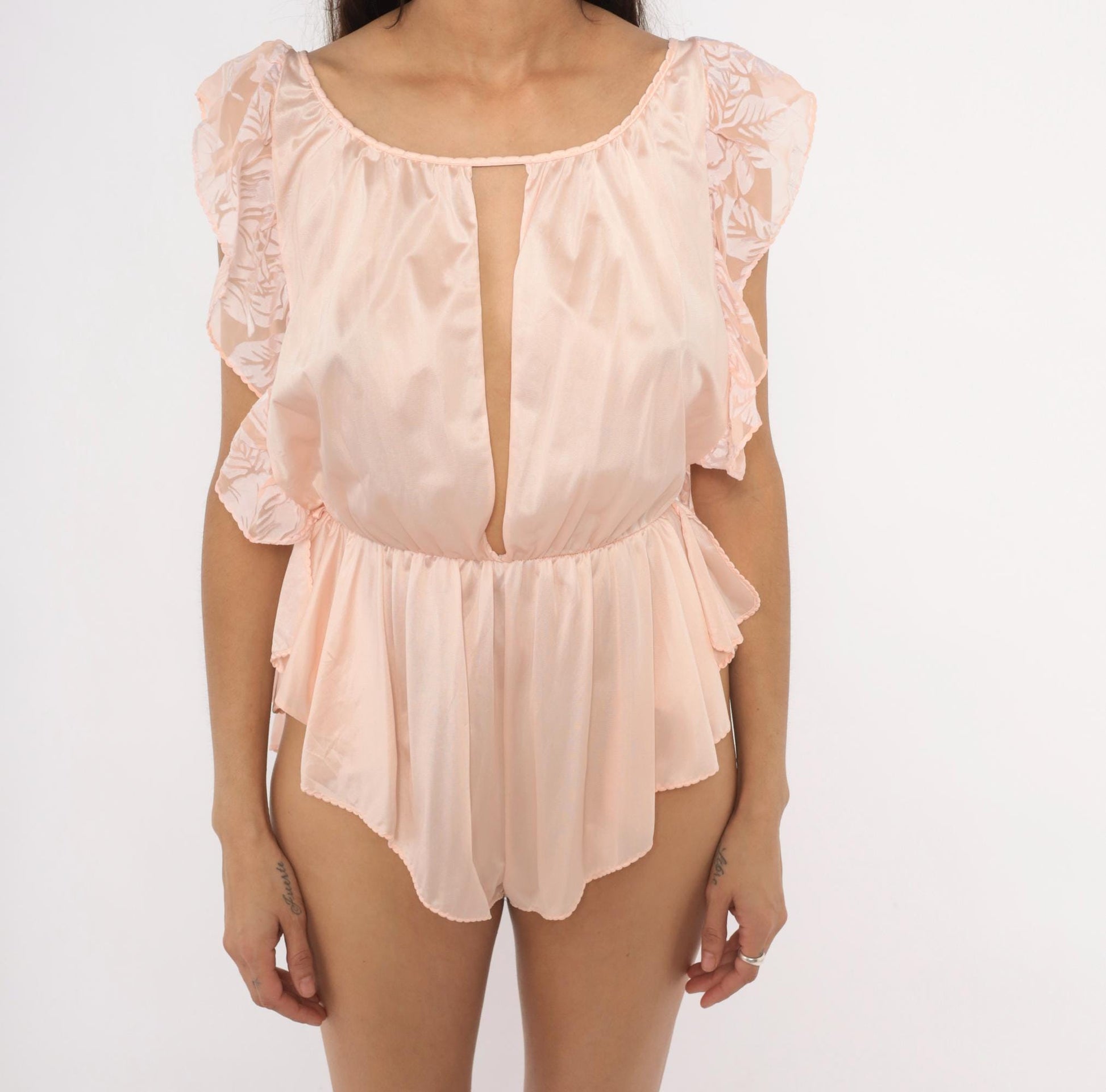 70s Blush Pink Nylon Romper Circa 2000 Flutter Sleeve Keyhole Teddy Medium M