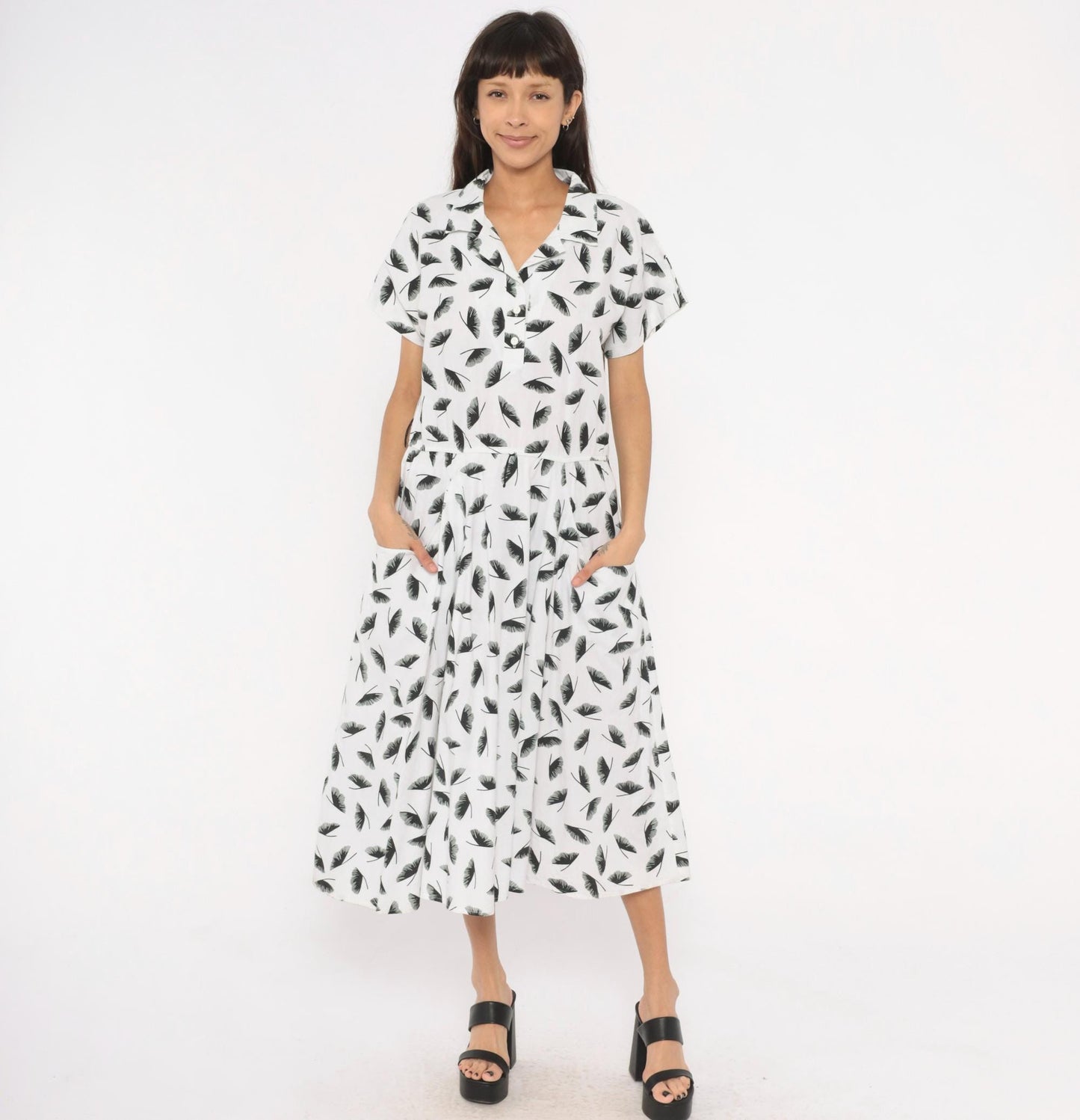 80s Lady Carol Feather Print Shirtdress White Black Cotton Midi Large L