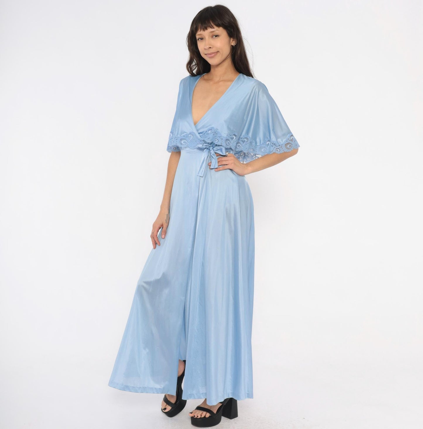 70s Lily of France Powder Blue Maxi Robe Wrap Nylon Lace Trim Small S