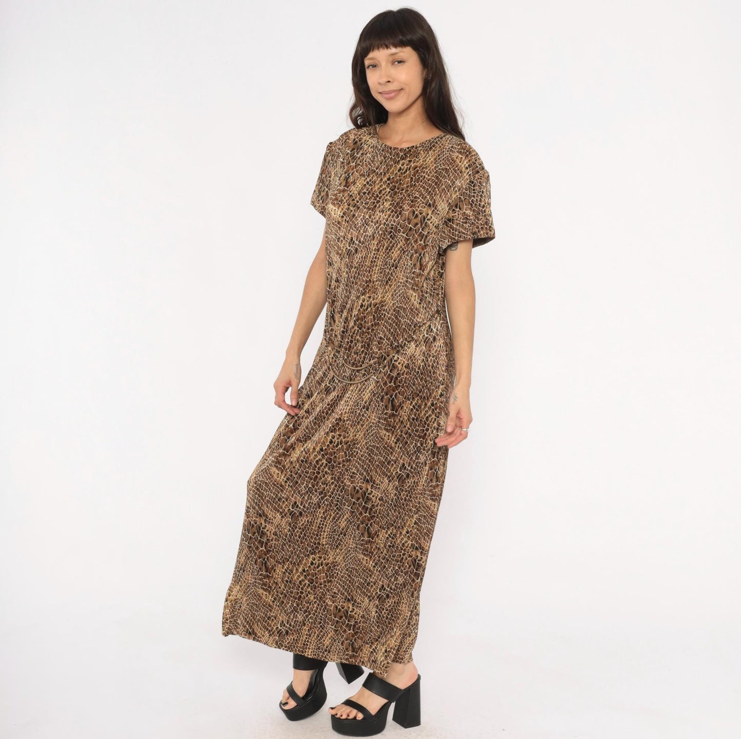90s Scarlett Snakeskin Maxi Dress Brown Tan Black Animal Print Shift Extra Large