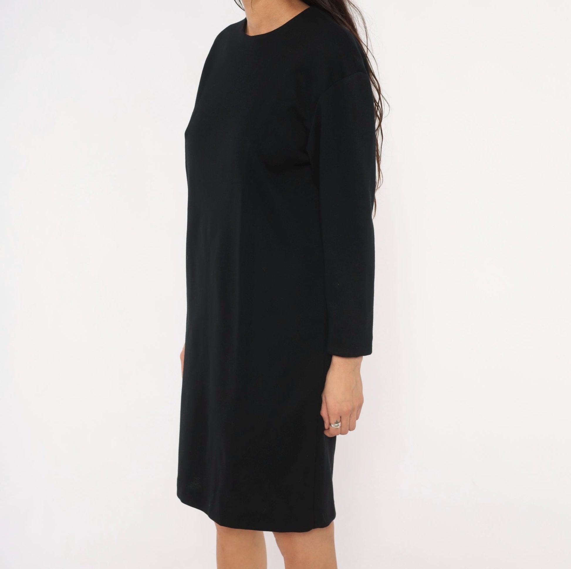 90s Positive Attitude Black Knit Dress Crew Neck Long Sleeve Knee-Length Large L