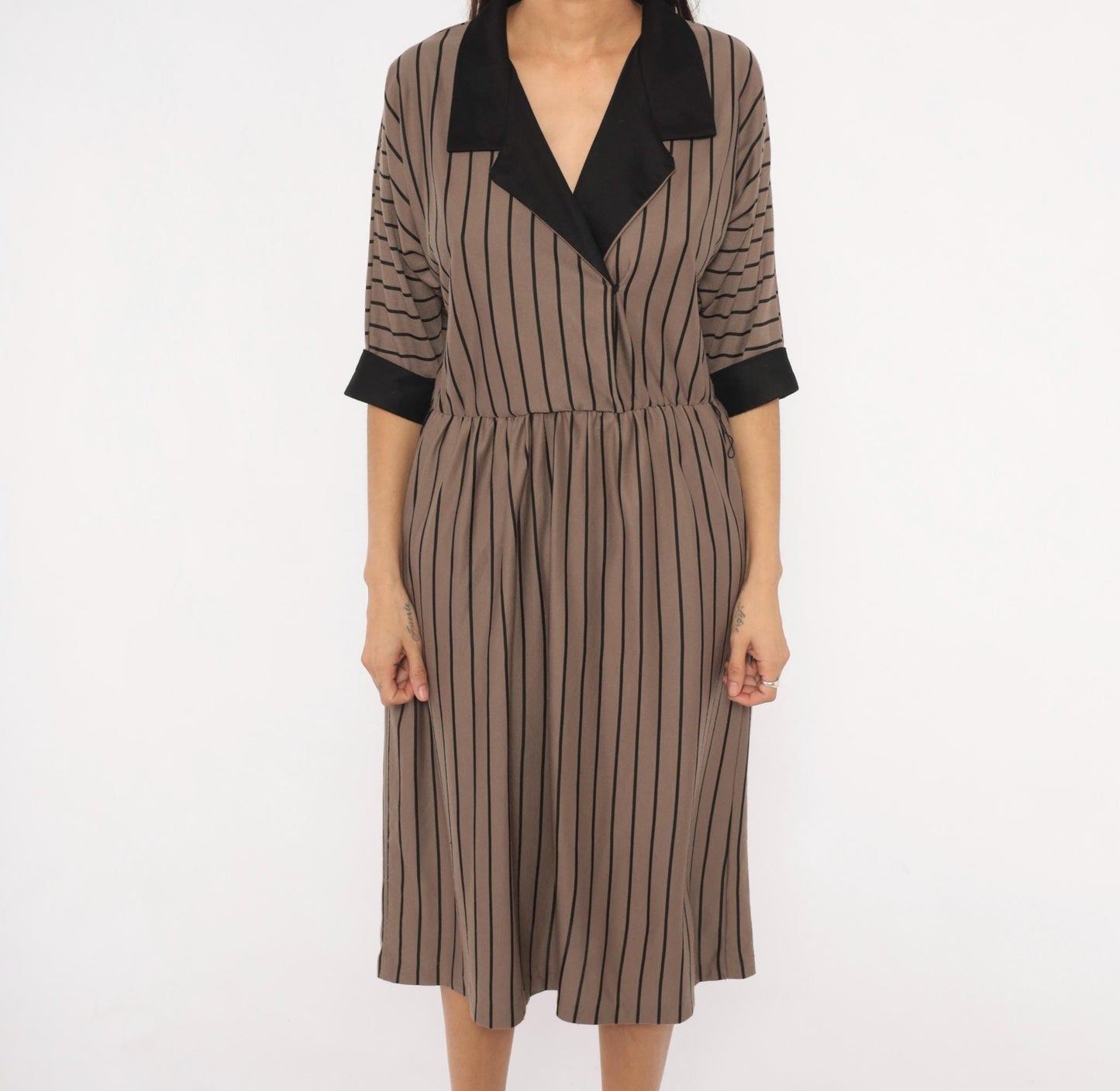 80s Studio Petites Striped Wrap Midi Dress Taupe Black Notched Collar Petite 14P