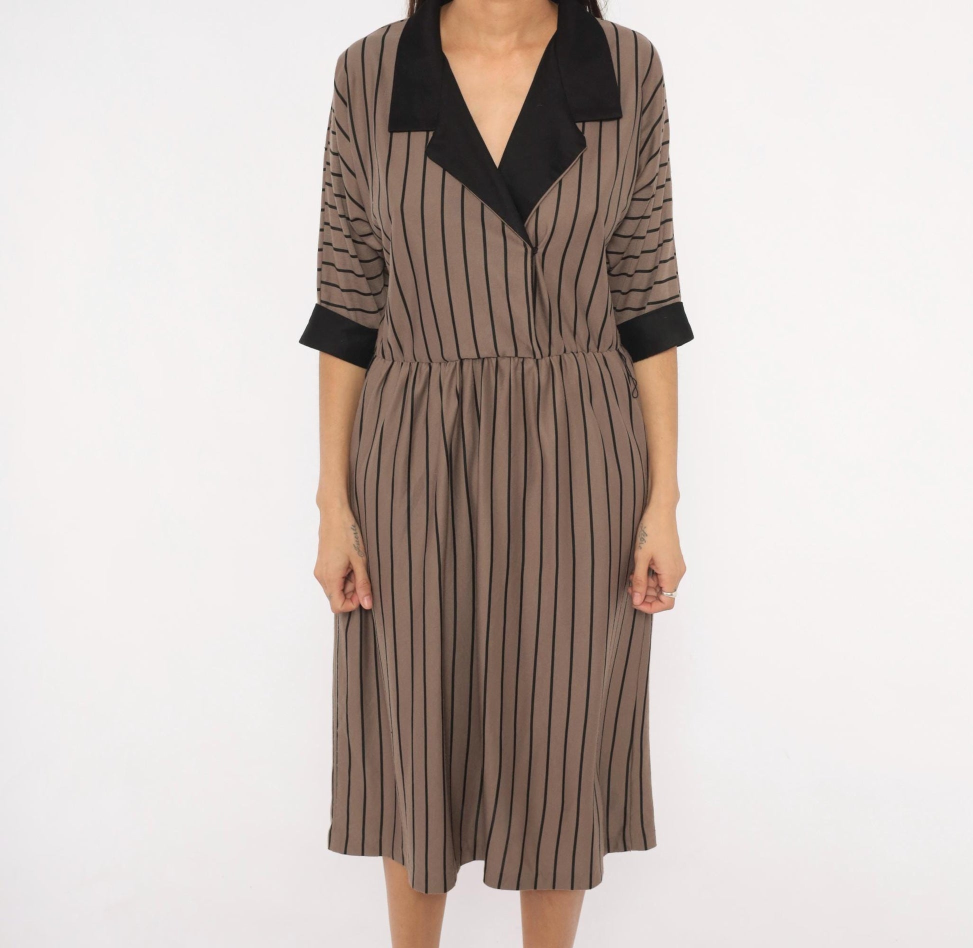 80s Studio Petites Striped Wrap Midi Dress Taupe Black Notched Collar Petite 14P