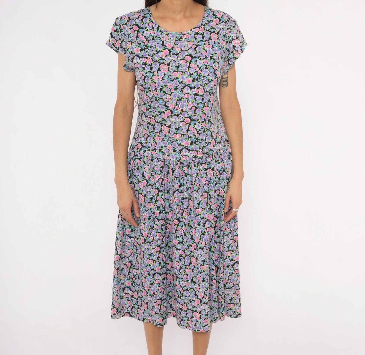 90s Sunshine Starshine Floral Midi Dress Purple Pink Rose Cap Sleeve Large