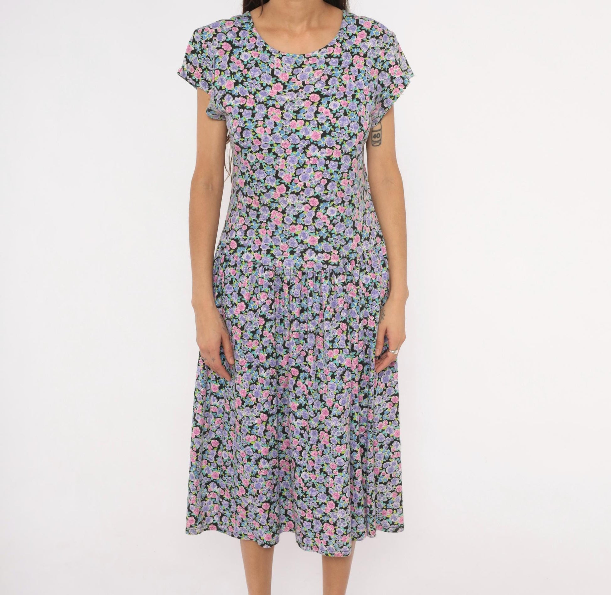 90s Sunshine Starshine Floral Midi Dress Purple Pink Rose Cap Sleeve Large