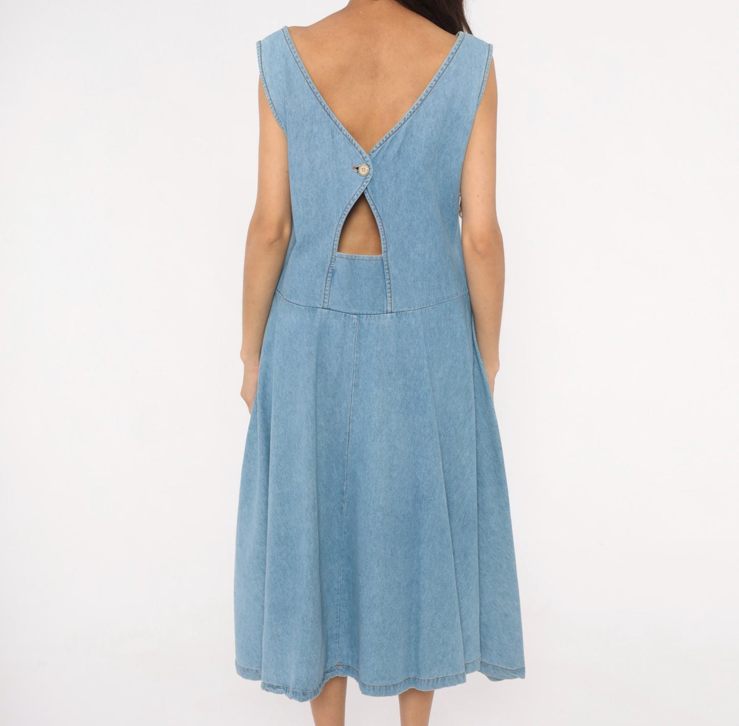 90s Splendid Light Blue Denim Midi Sundress Open Back Medium M