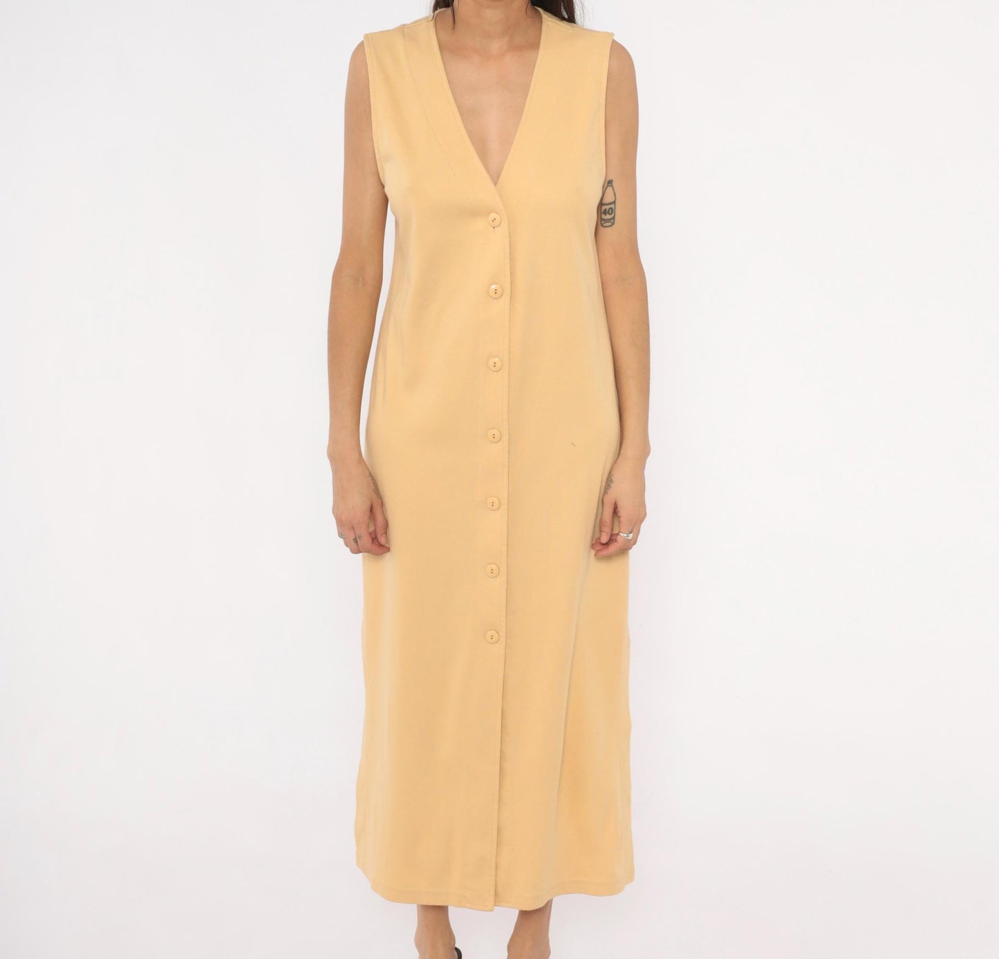 90s Weekenders Tan Maxi Dress Sleeveless V Neck Button Front Small