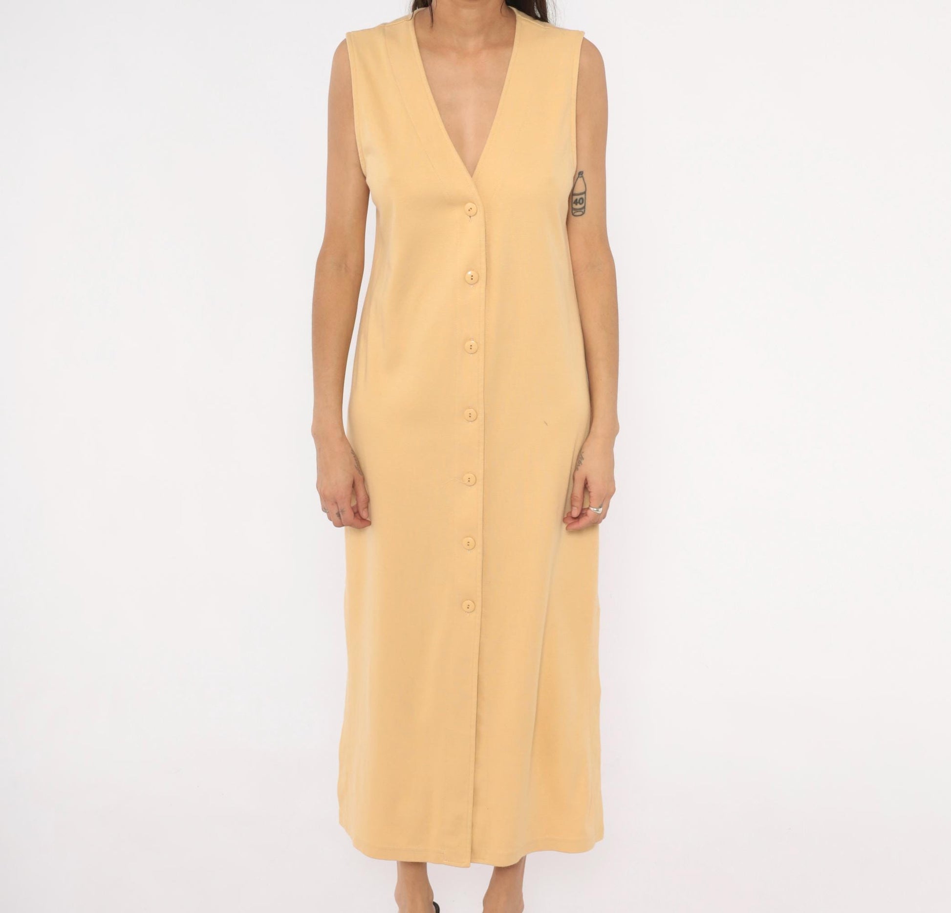90s Weekenders Tan Maxi Dress Sleeveless V Neck Button Front Small