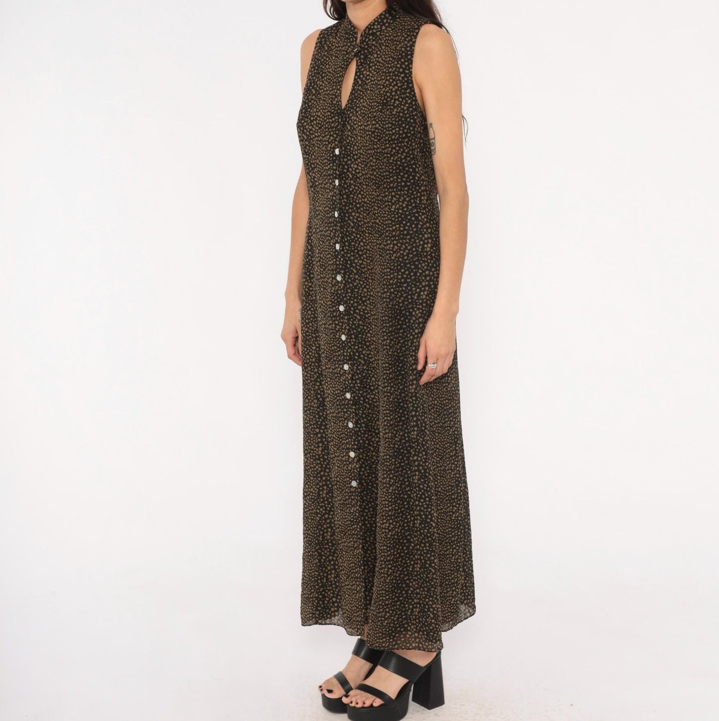 90s David Warren New York Maxi Dress Mandarin Collar Keyhole Black Tan Spotted Large L