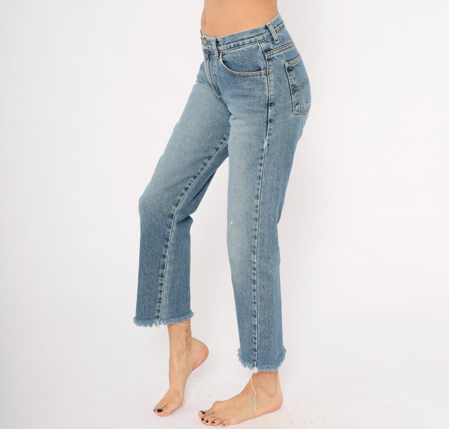 Y2K Bongo Cropped Jeans High Rise Straight Leg Raw Hem Blue Denim Small