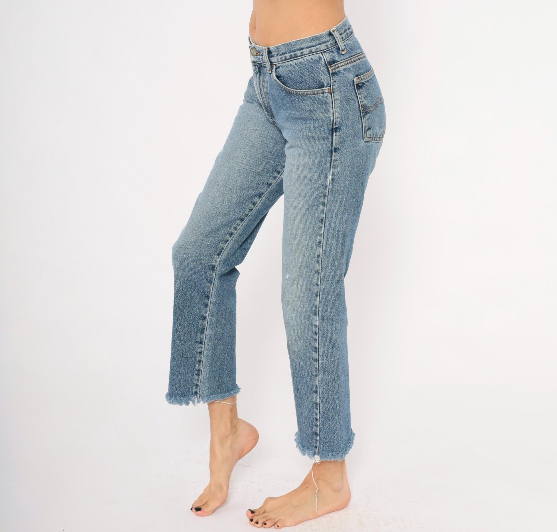 Y2K Bongo Cropped Jeans High Rise Straight Leg Raw Hem Blue Denim Small