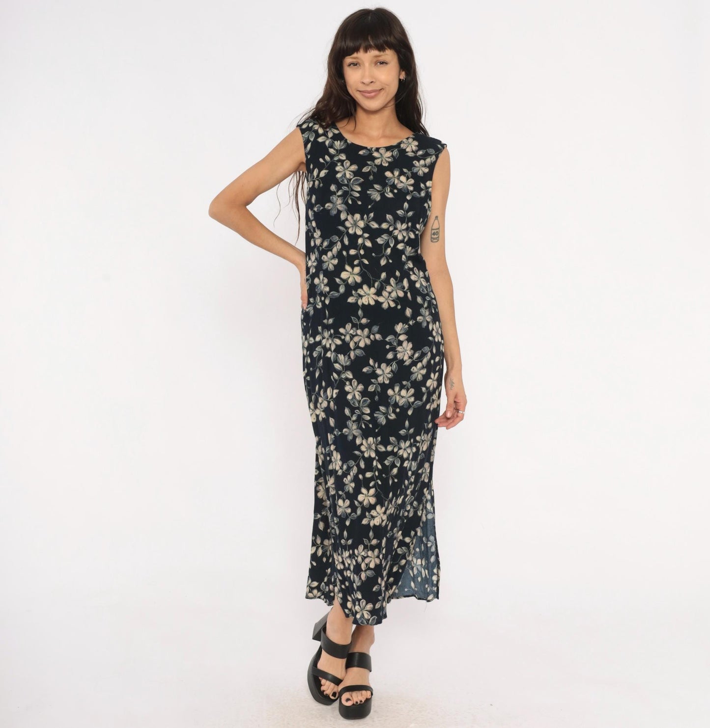 90s Northern Reflections Floral Maxi Dress Navy Cream Grey Keyhole Tie Back Large