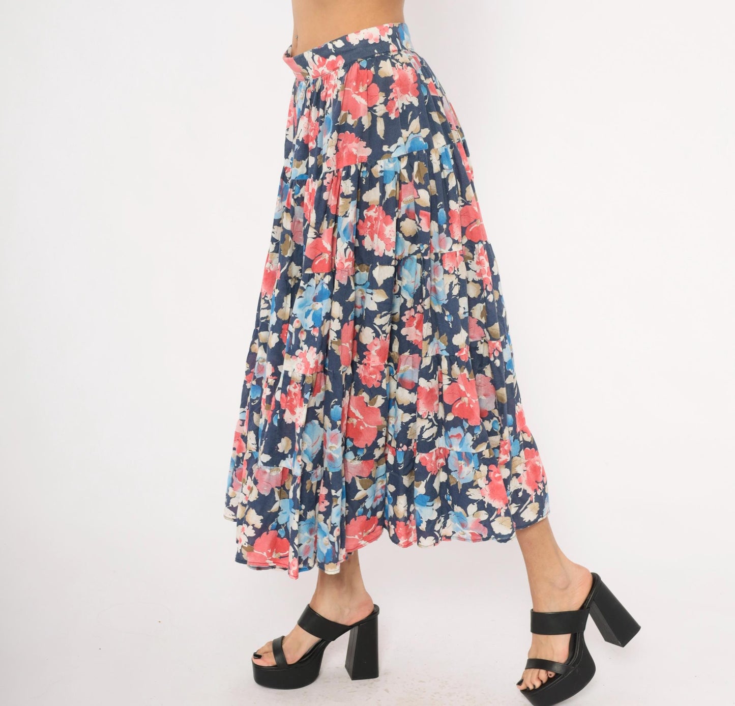 80s Navy Floral Tiered Cotton Midi Skirt Watercolor Print Large L