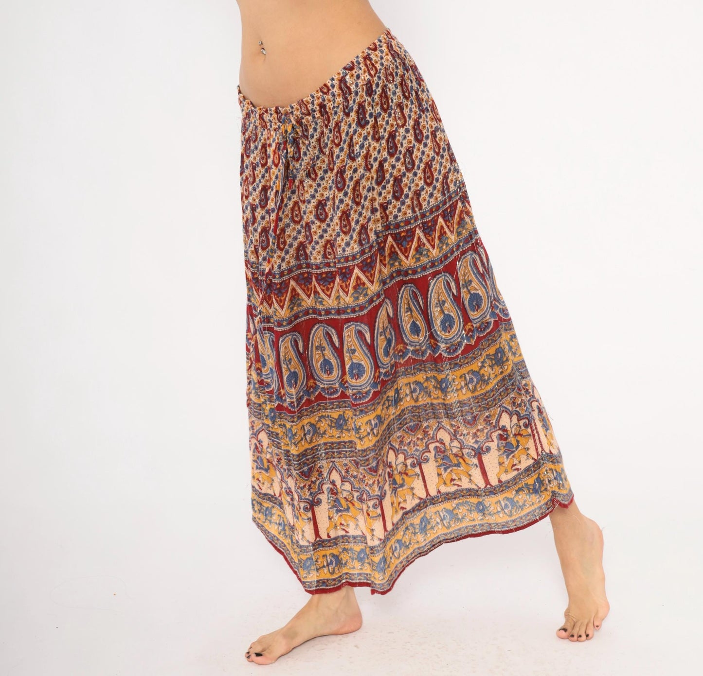 Y2K Lotus Indian Maxi Skirt Burgundy Paisley Gold Drawstring Waist Extra Large XXL