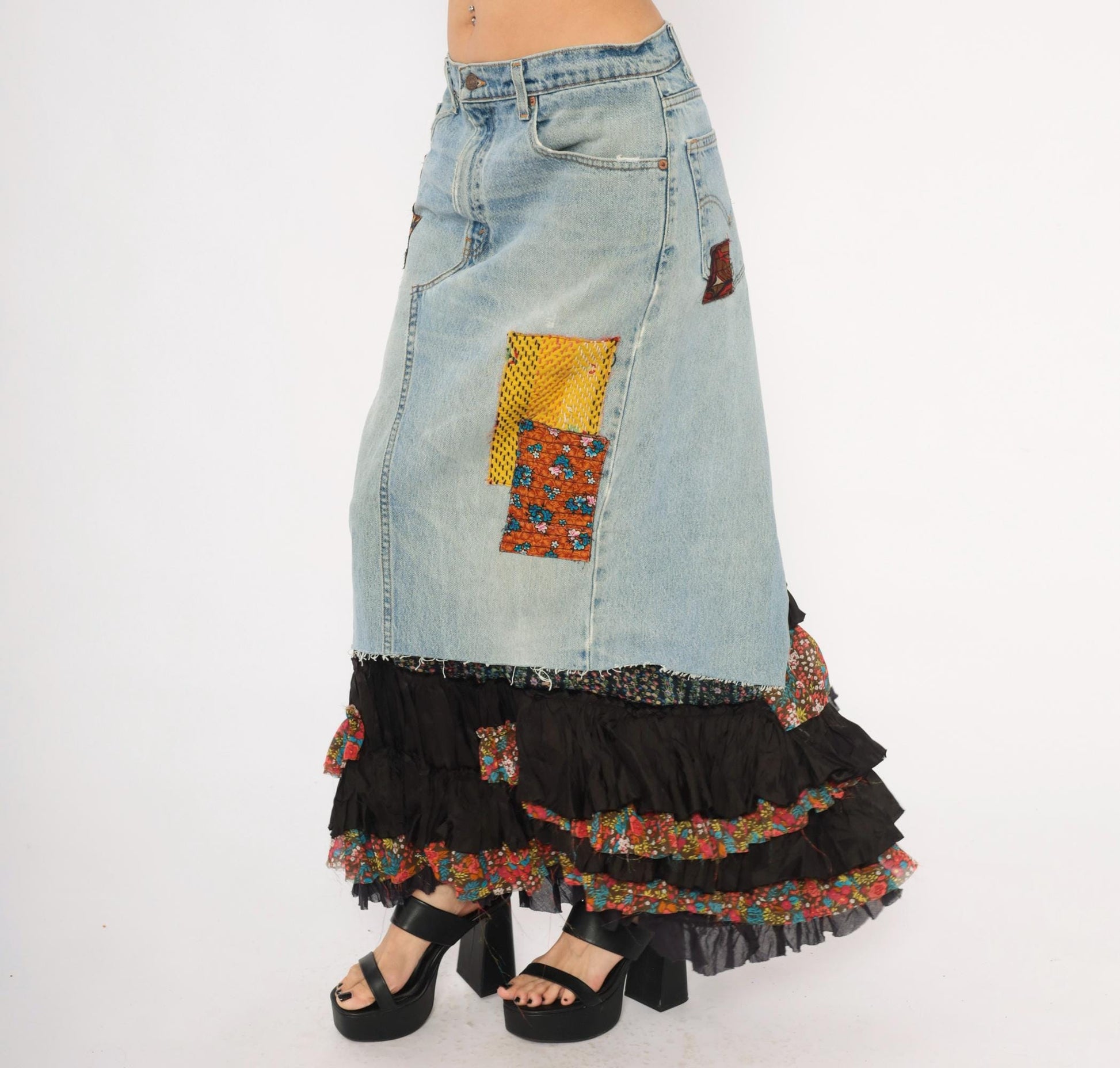 00s FP One Free People Patchwork Denim Maxi Skirt Light Wash Ruffled Small