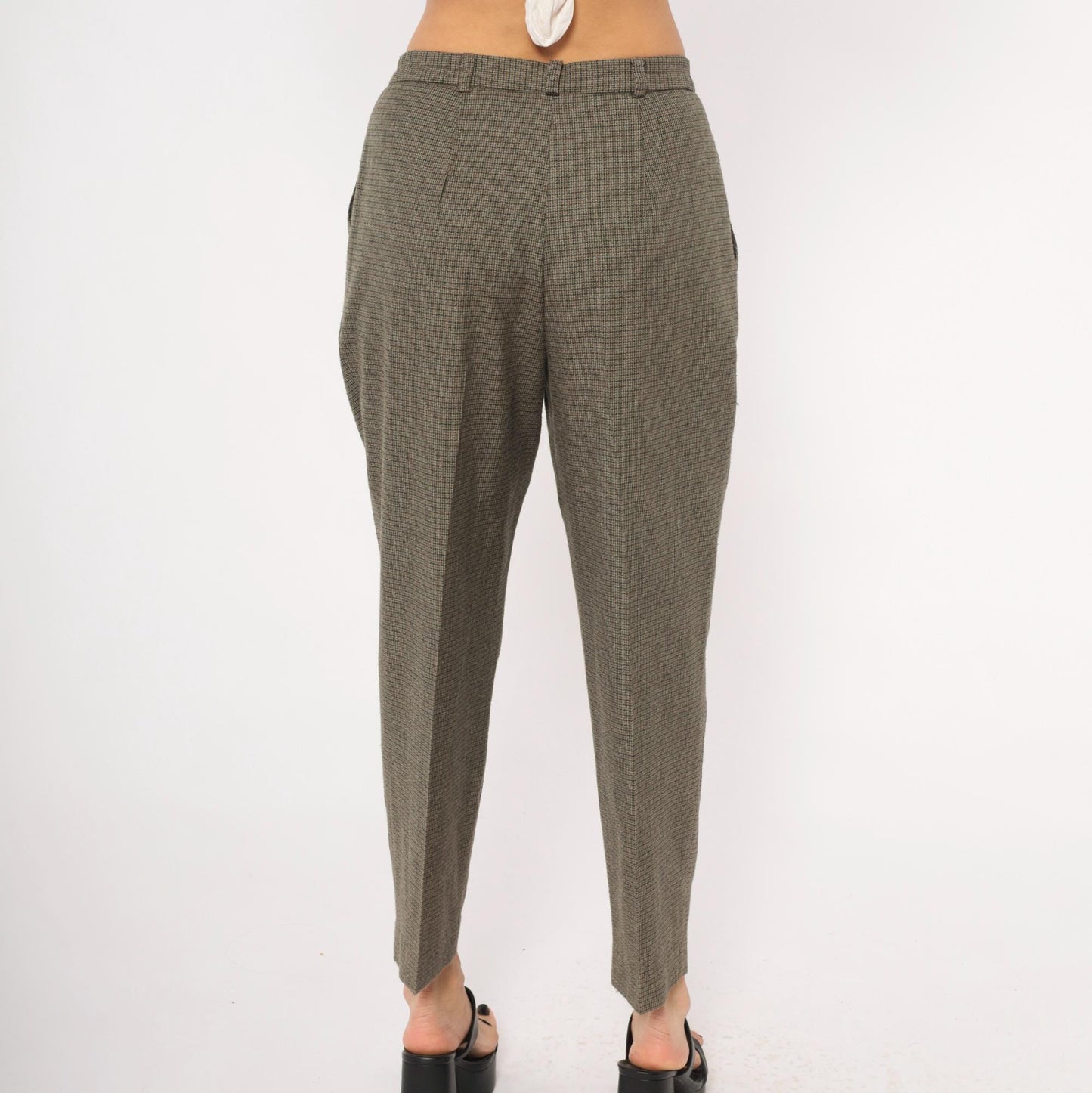 90s Requirements Houndstooth Pleated Trousers Olive High Waist Tapered Petite 8P