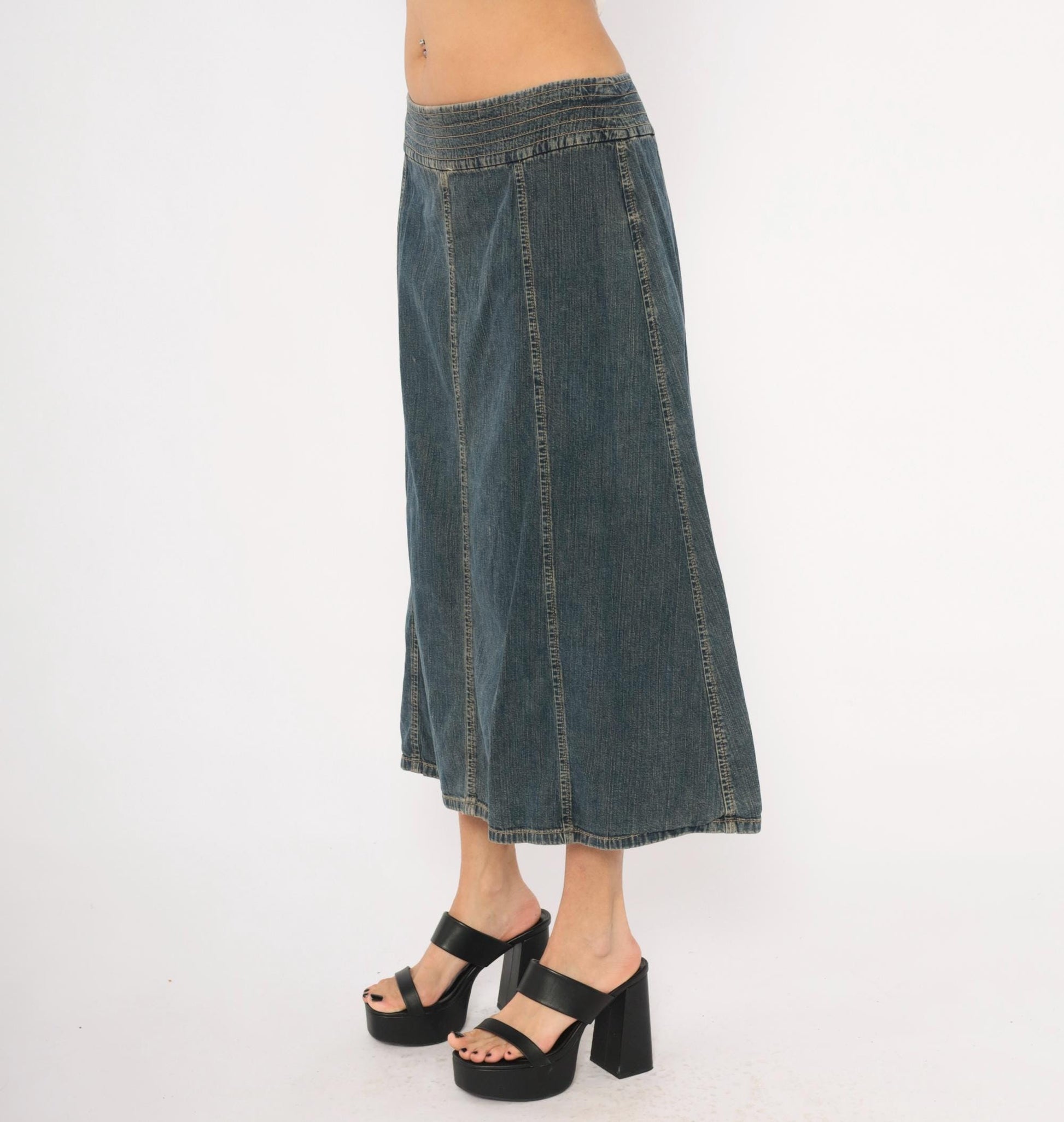 2000s Tommy Hilfiger Denim Midi Skirt Navy A-Line Low Rise Medium M