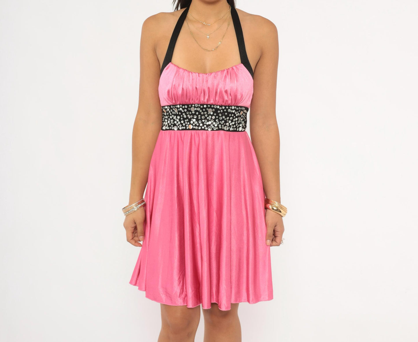 Y2K Speechless Pink Satin Halter Mini Dress Rhinestone Empire Waist Small S