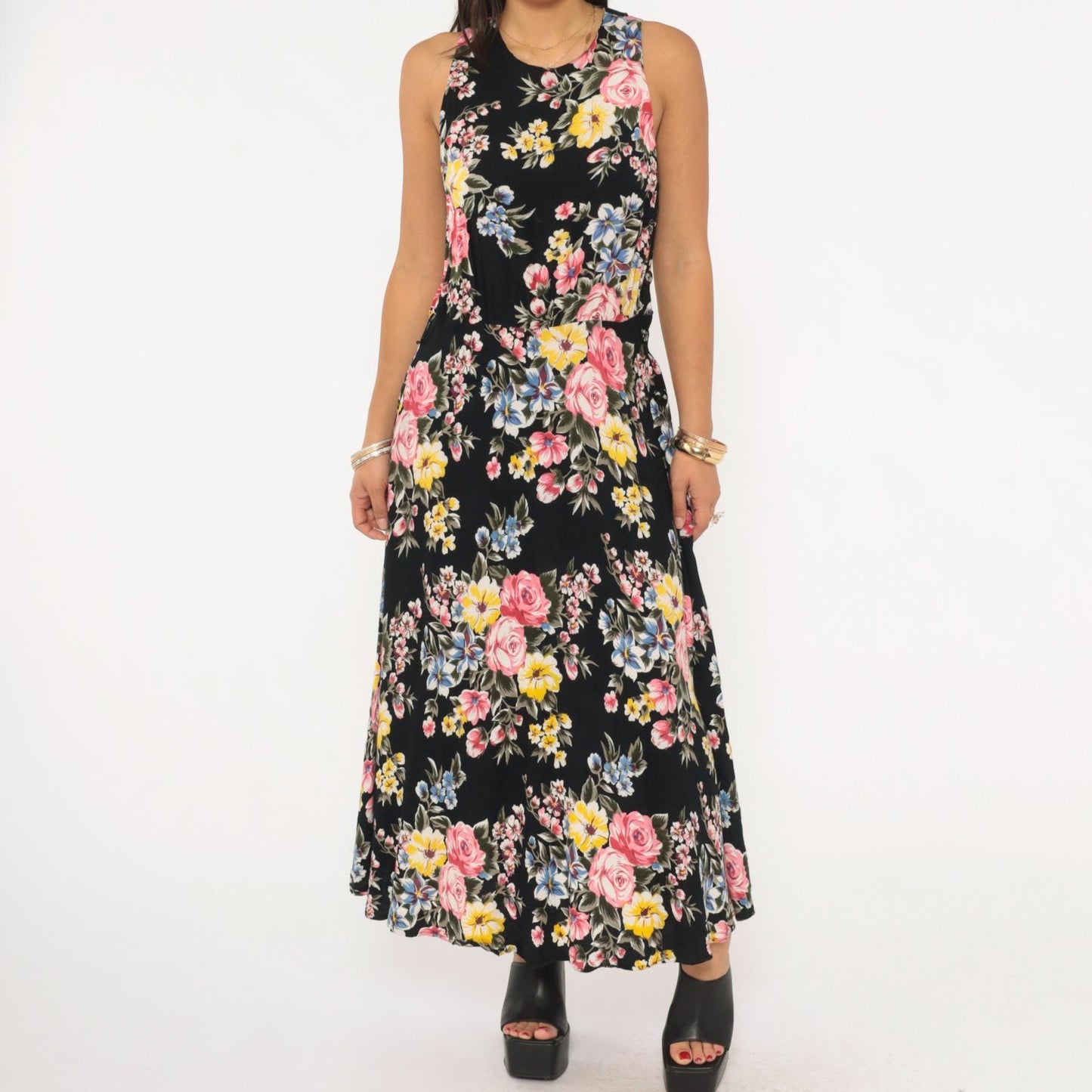 90s Style Works Floral Maxi Dress Black Pink Rose Yellow Blue Sleeveless Medium M