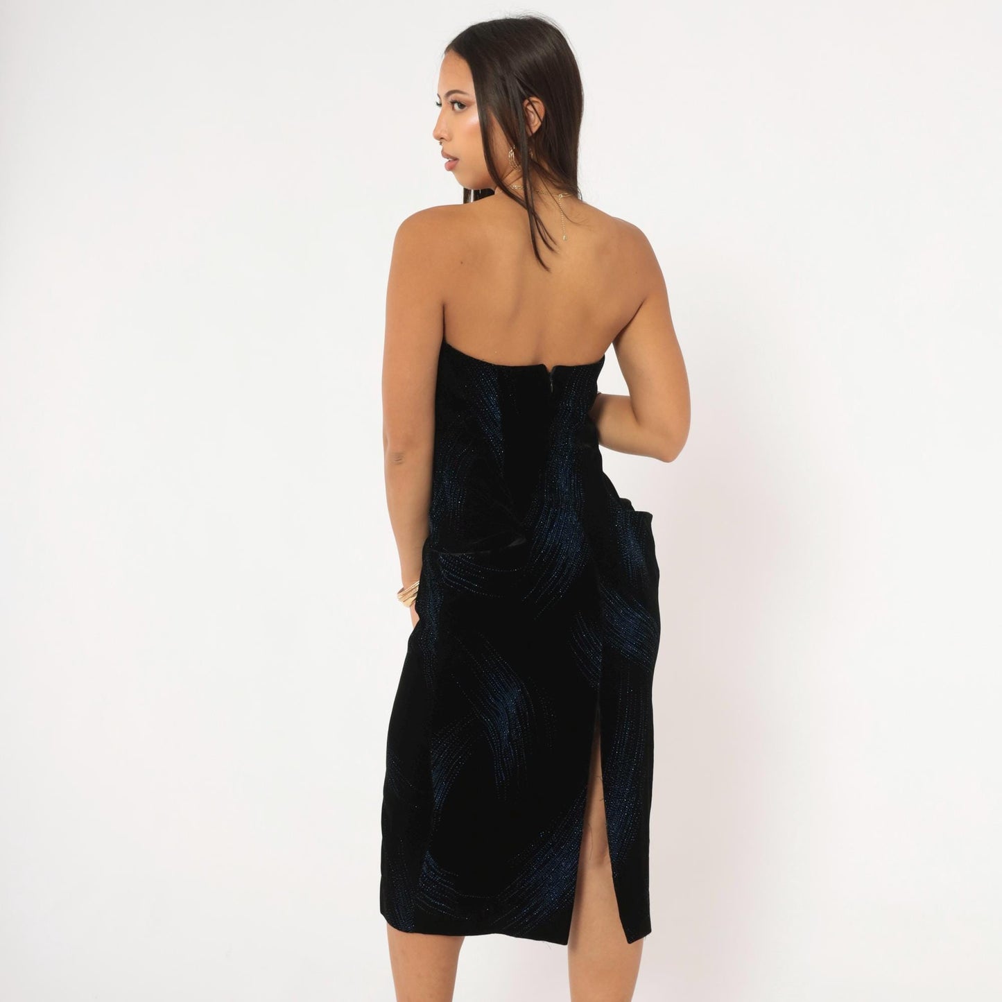90s A.J. Bari Black Velvet Strapless Dress Blue Glitter Stripe Knee Length Small