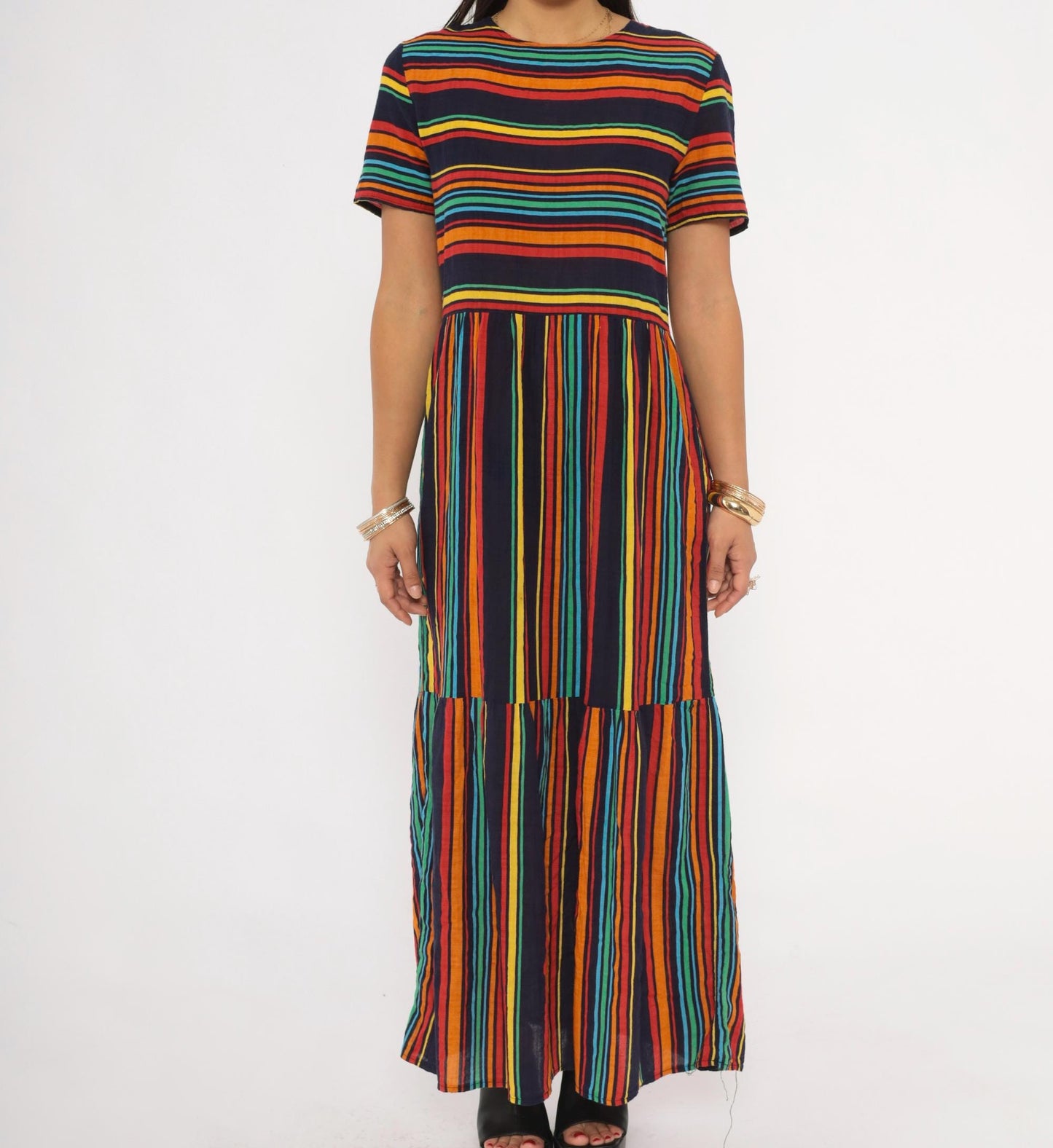 2000s Rainbow Stripe Maxi Dress Navy Multicolor Tiered Skirt Medium M