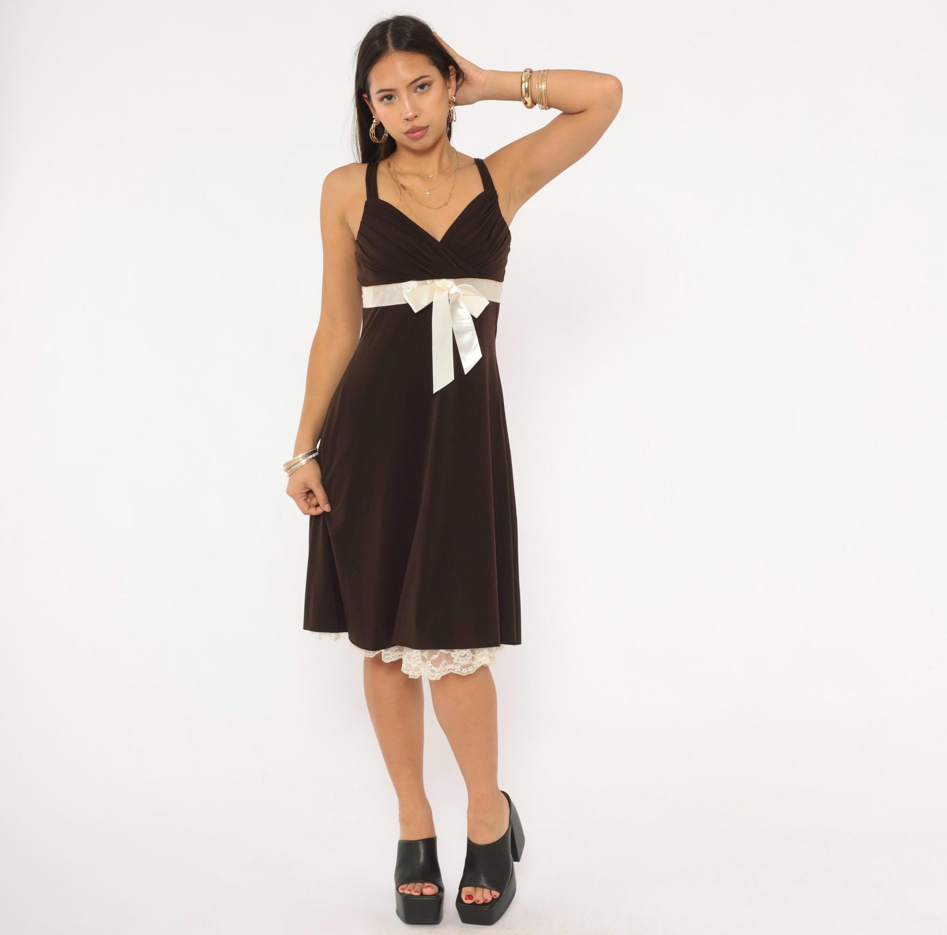 Y2K My Michelle Chocolate Brown Mini Dress Satin Bow Empire Waist Medium M
