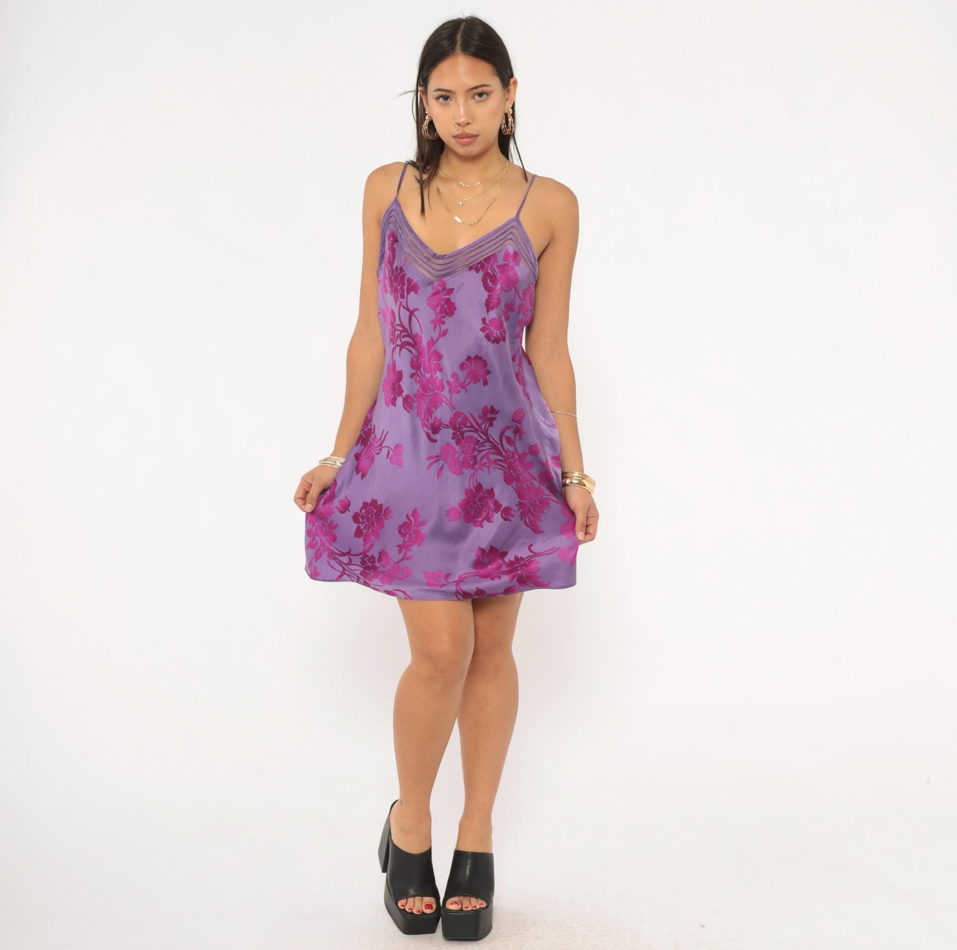Y2K Victoria's Secret Purple Silk Slip Dress Floral Jacquard Mini Large L