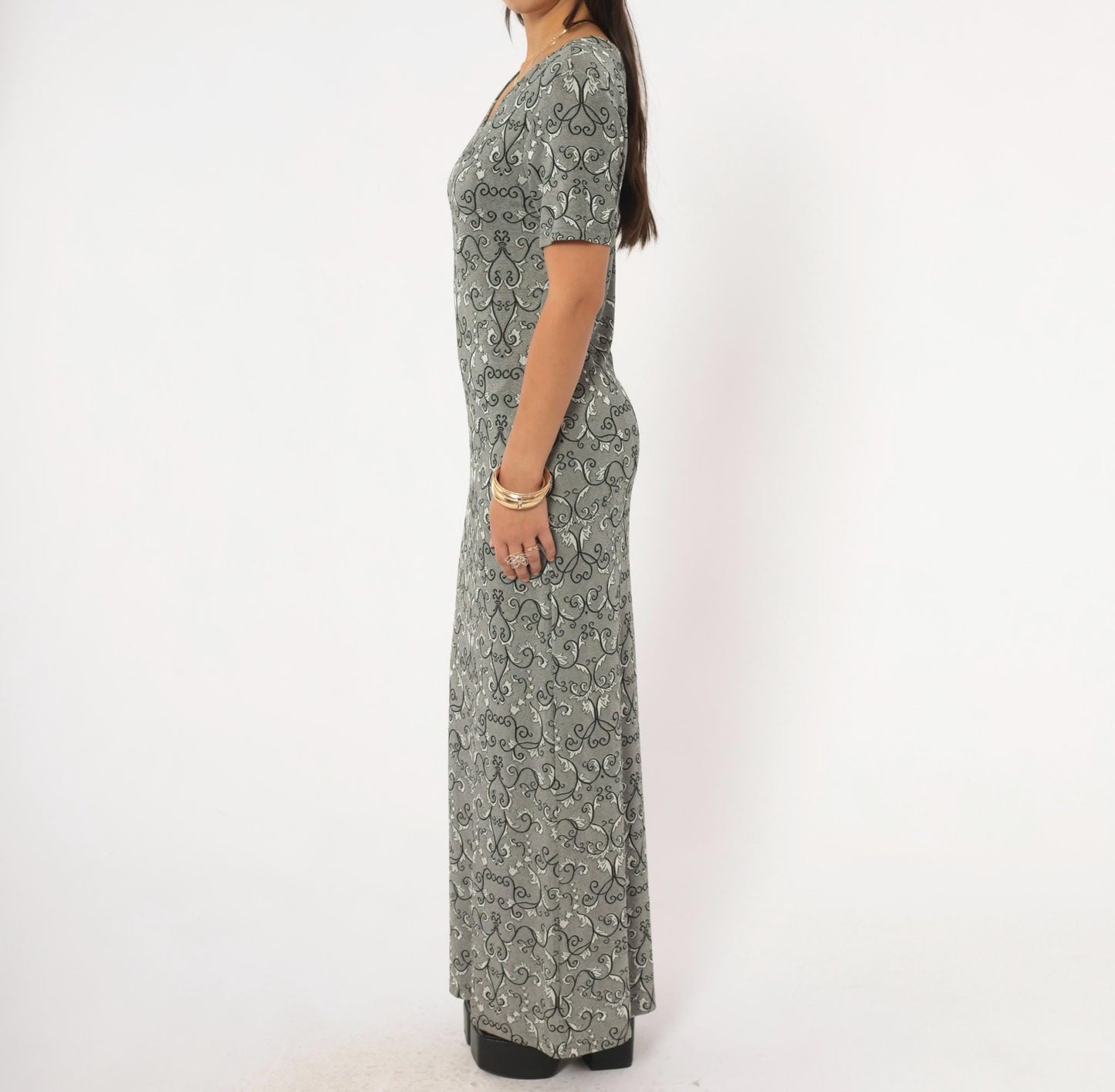90s Abba Lycra Maxi Dress Baroque Damask Print Charcoal Short Sleeve Large L