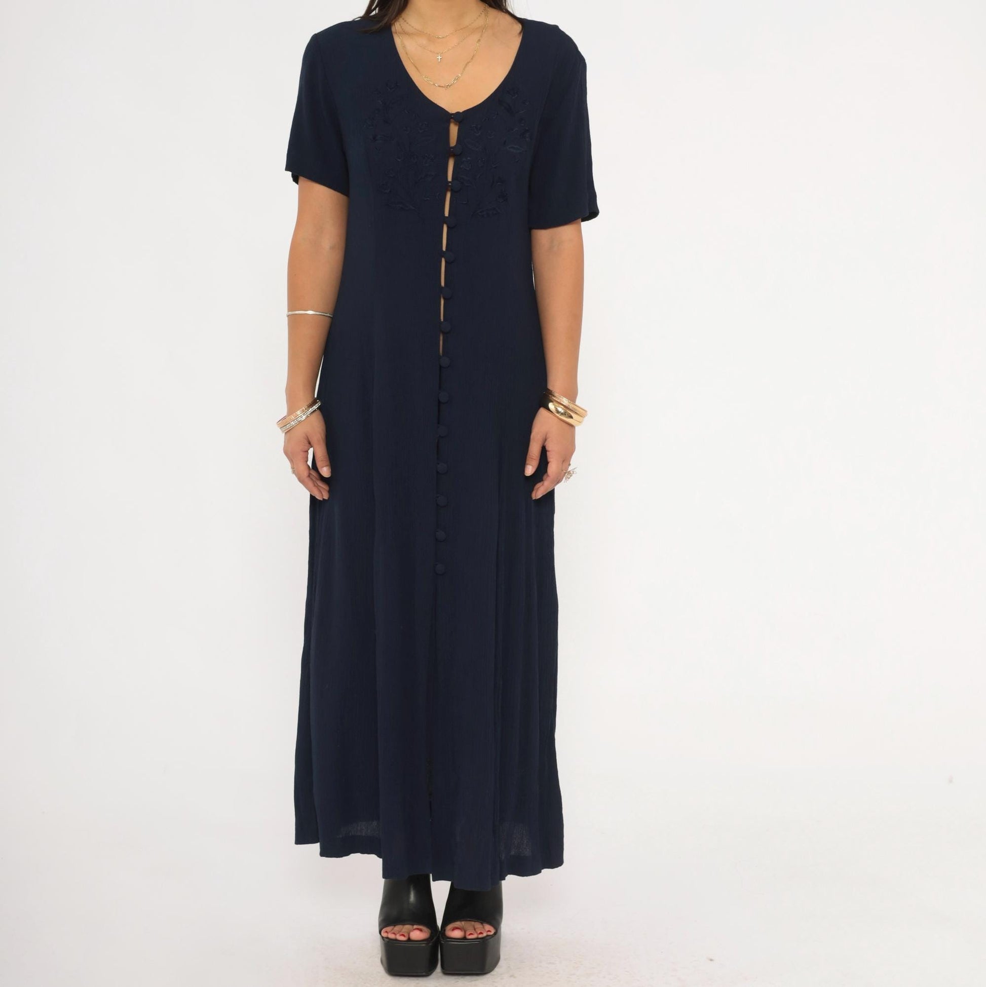 90s Fashion Bug Navy Maxi Dress Floral Embroidery Button Front Medium Large