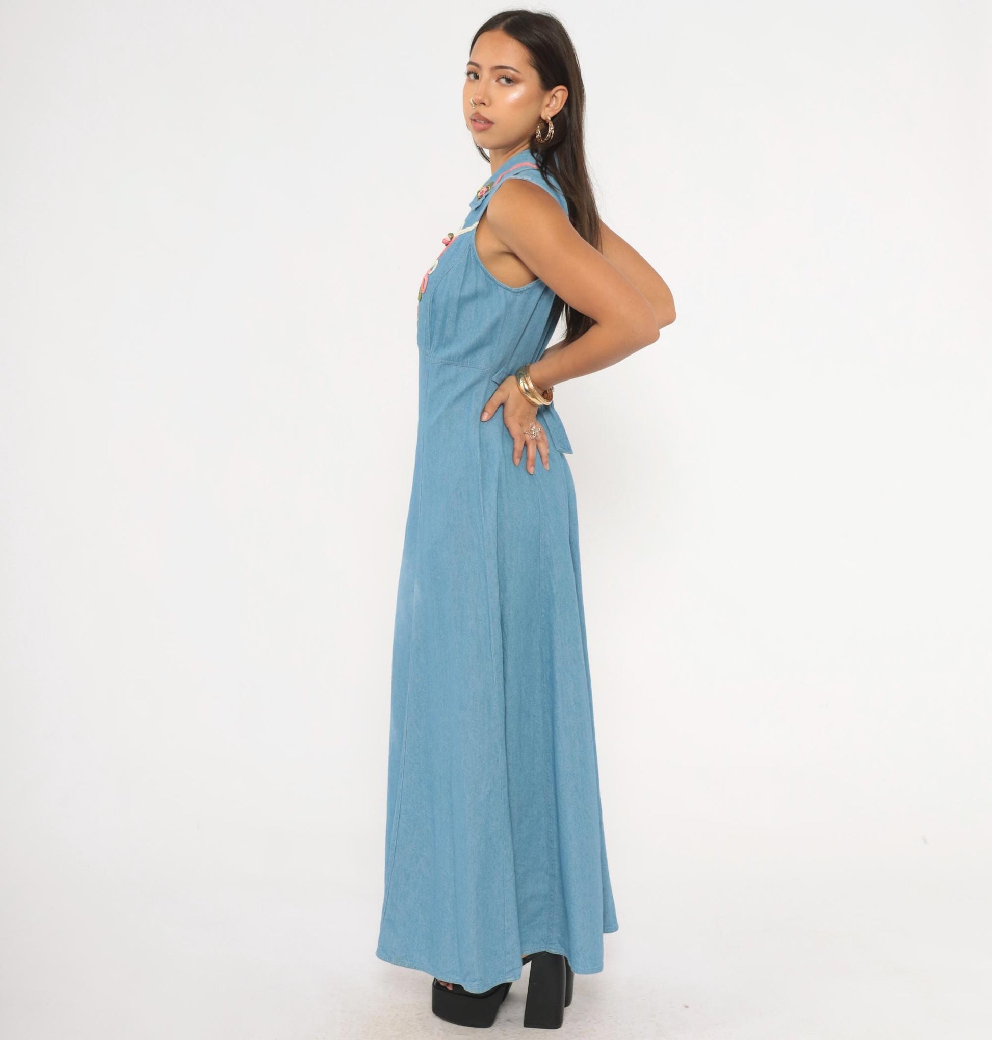 90s Midnite Light Blue Denim Maxi Dress Floral Embroidery Collared Medium M
