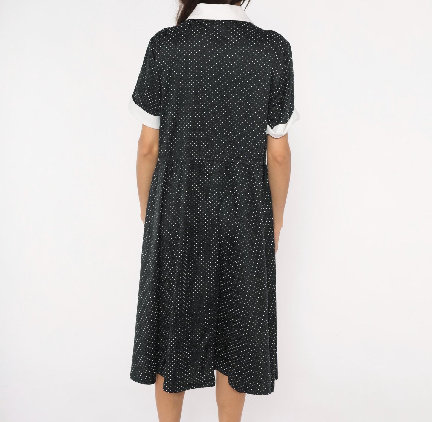 1970s Black White Polka Dot Peter Pan Collar Midi Dress Plus Size XL