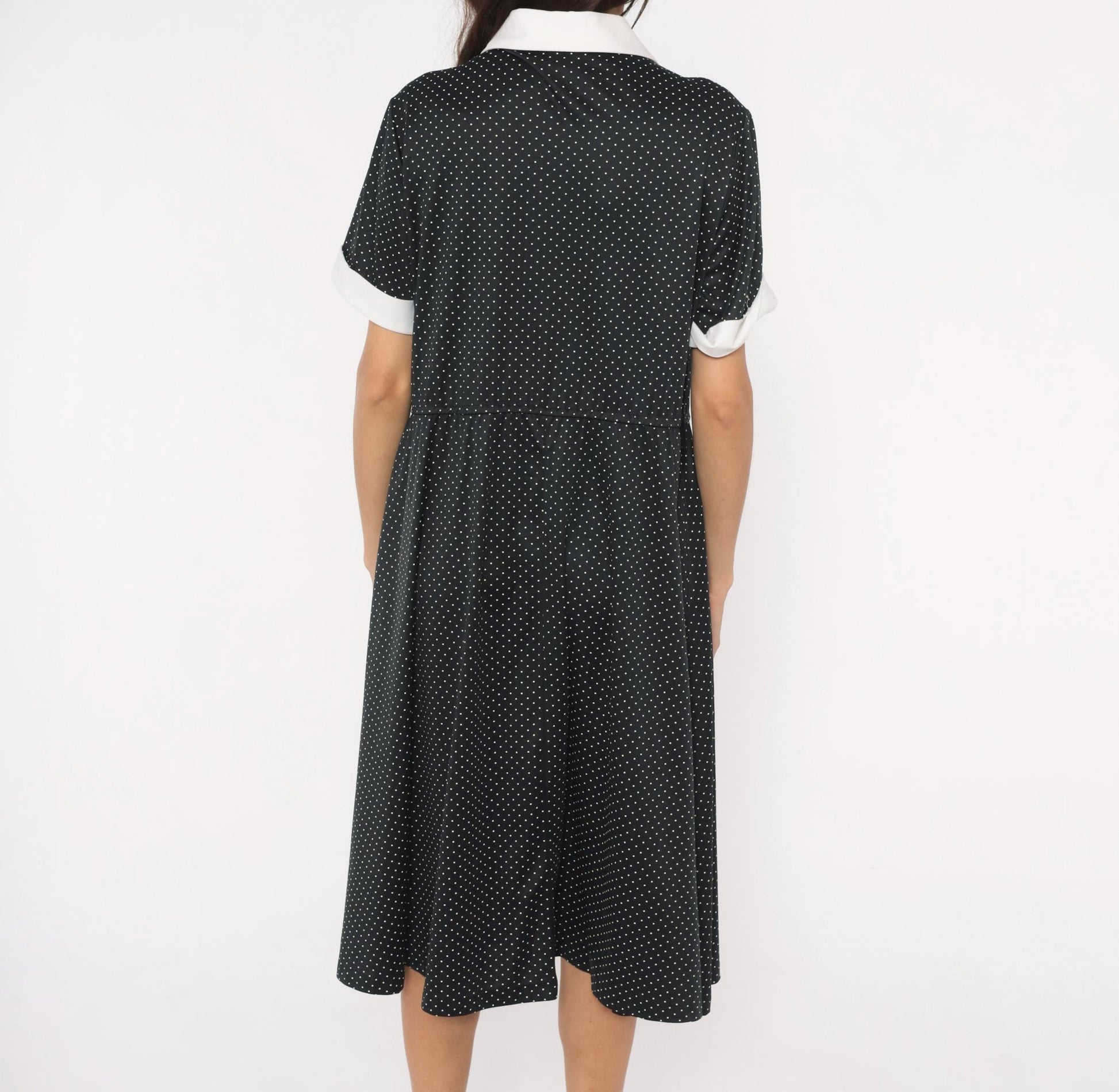 1970s Black White Polka Dot Peter Pan Collar Midi Dress Plus Size XL