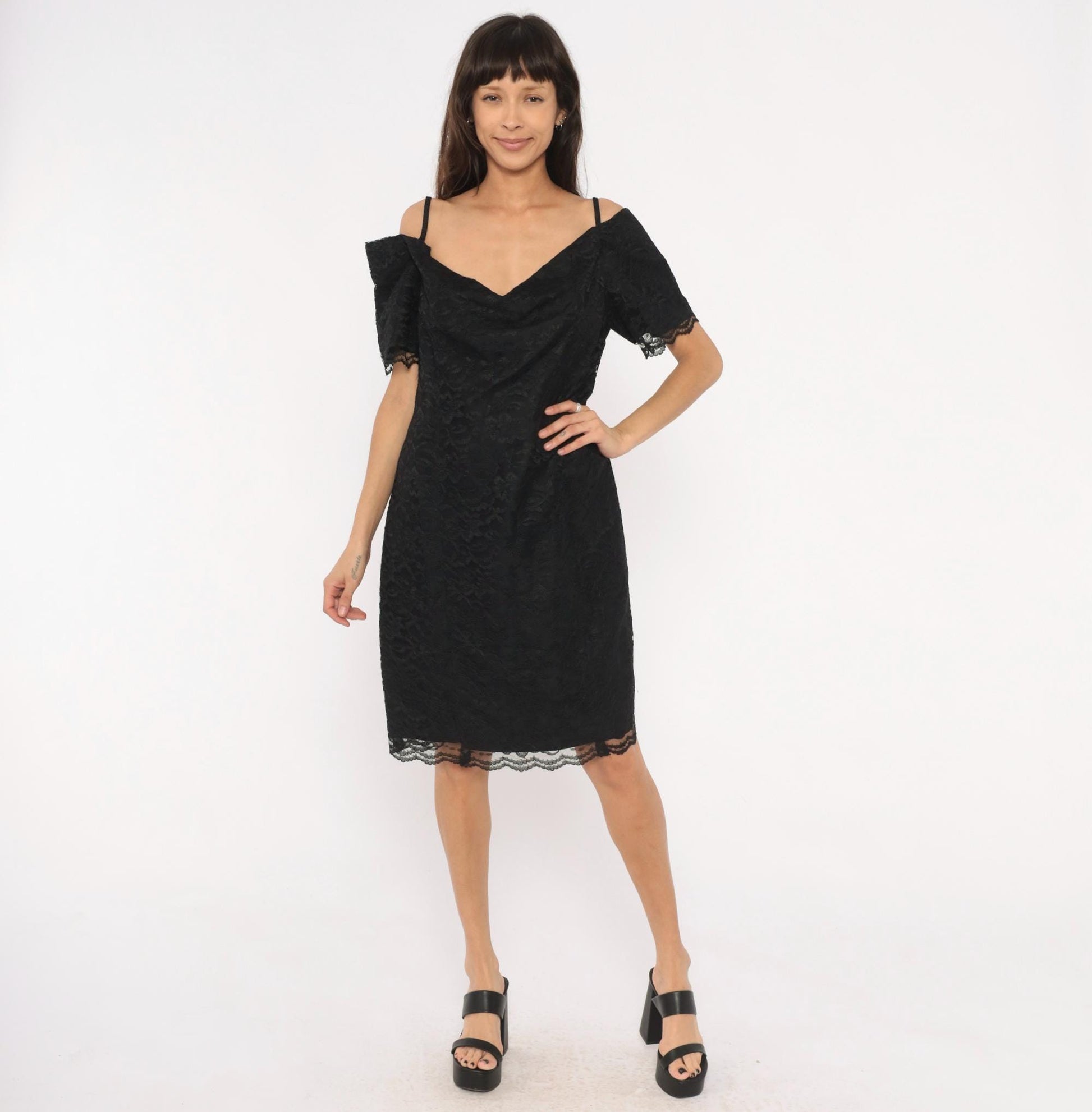 90s Victoria Stephens Black Lace Cold Shoulder Dress Knee Length Large L