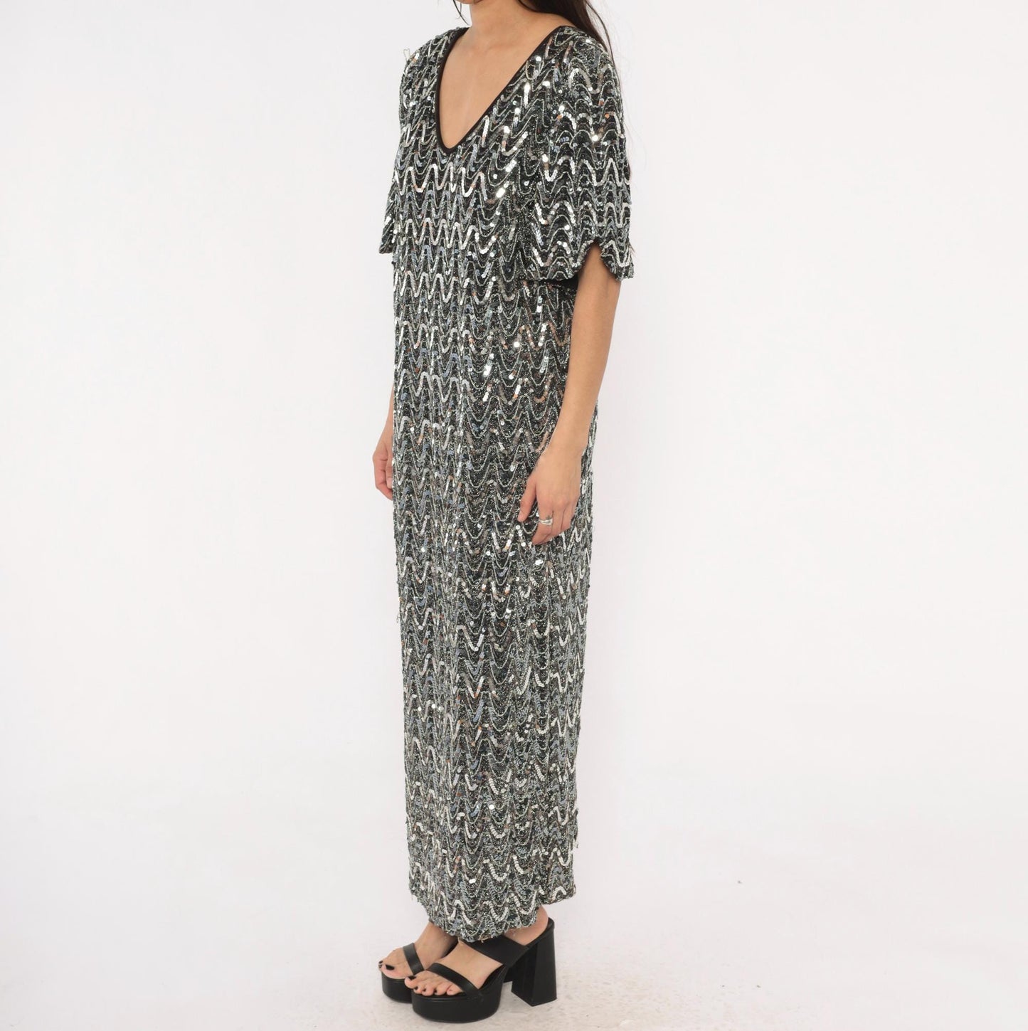 90s Erica Scott Silver Sequin Maxi Dress Chevron Black Plus Size XXL