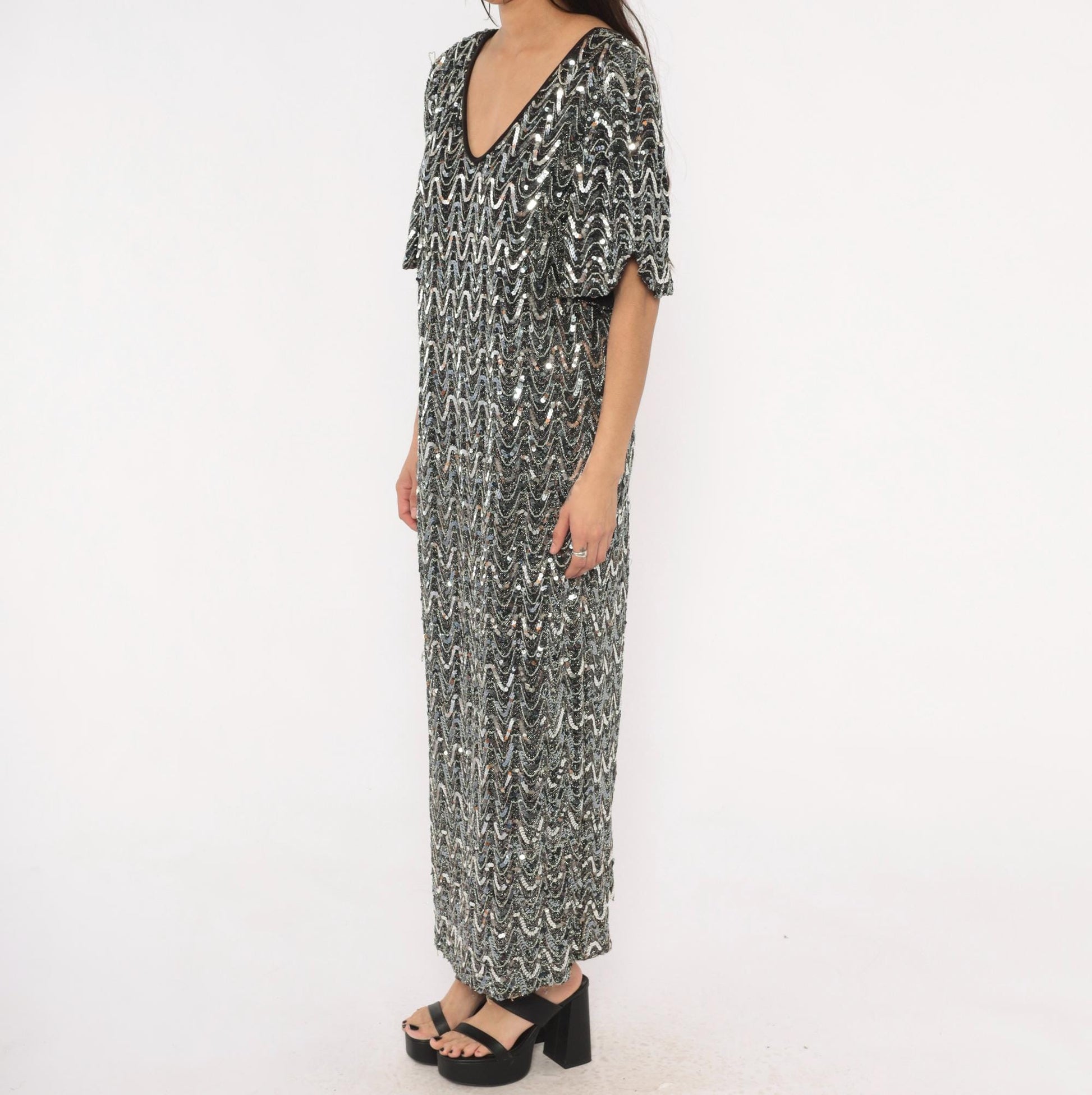 90s Erica Scott Silver Sequin Maxi Dress Chevron Black Plus Size XXL